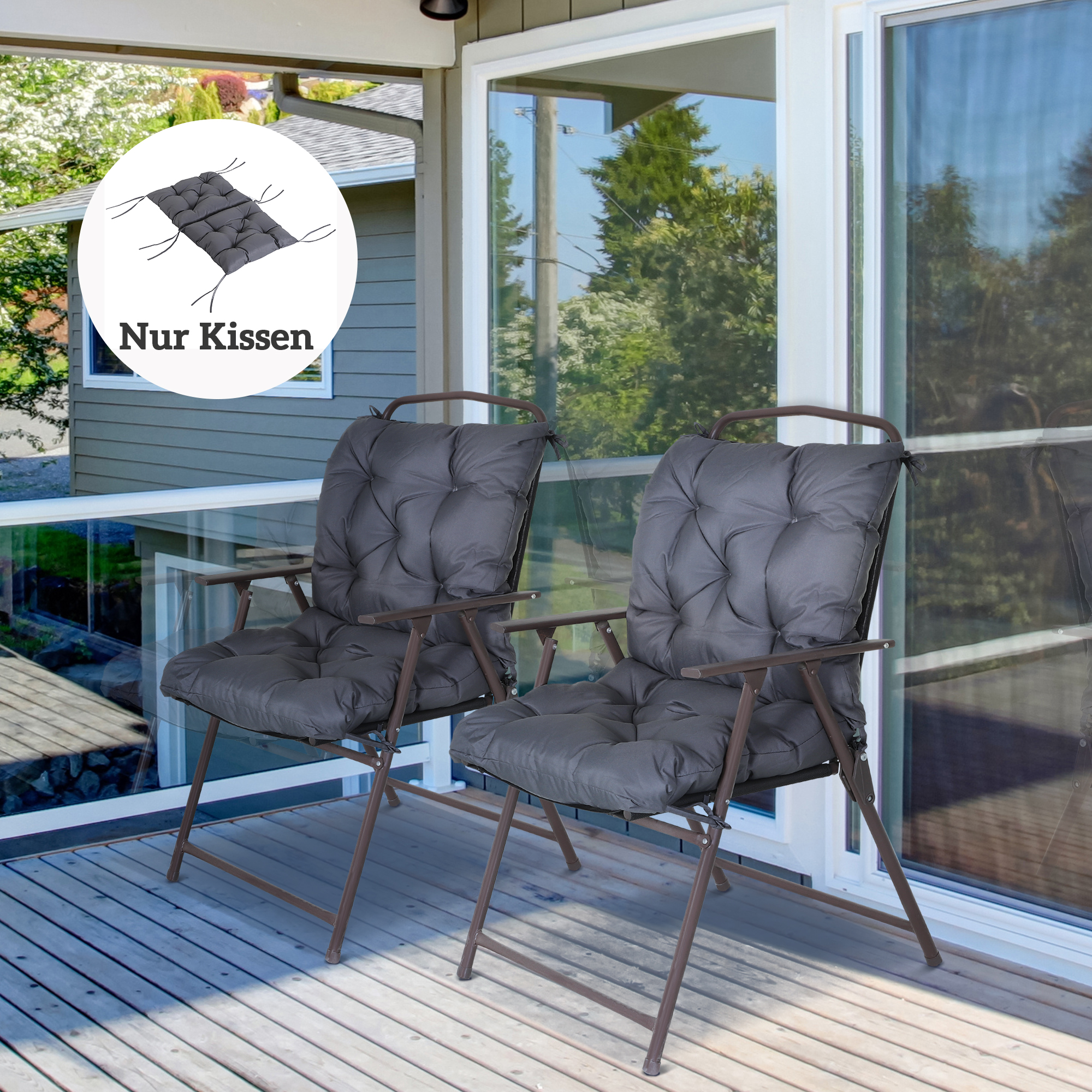 2er-Set Sitzkissen, 98cm x 50cm x 8cm Stuhlkissen mit Bänder, Polsterauflage, waschbar/Ergonomische Sitzpolster für Haus, Garten, Sofa, Grau
