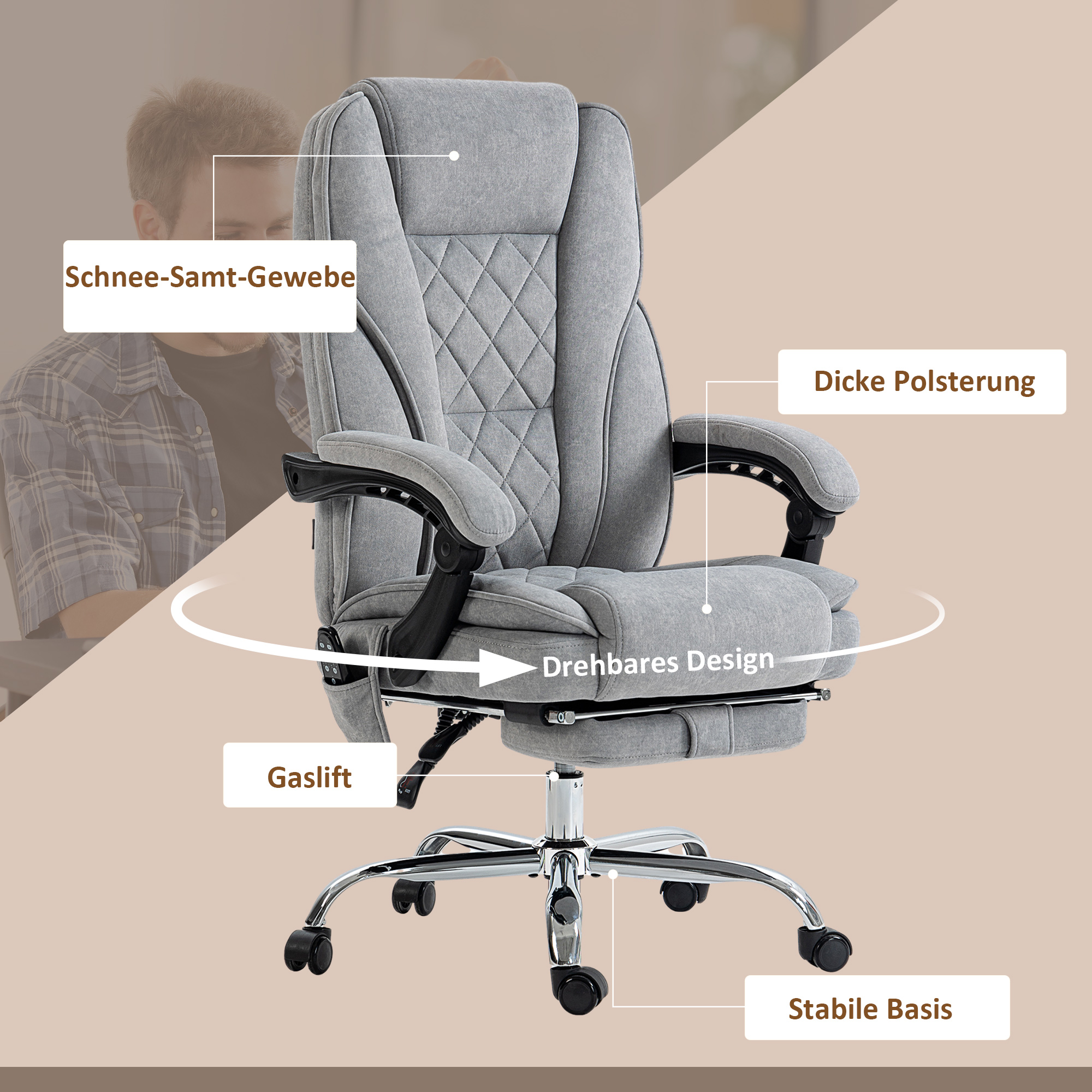 ergonomischer Bürostuhl mit Massagefunktion, Fußstütze, drehbar, rollbar, Grau