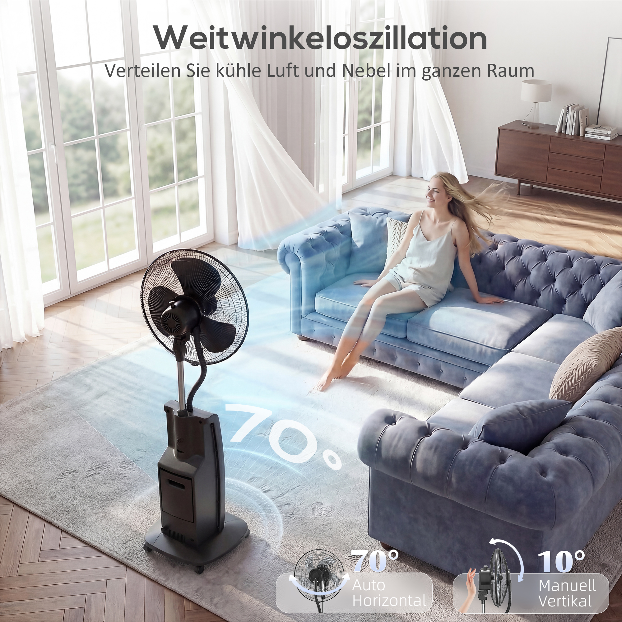 Sprühnebelventilator mit Fernbedienung, Standventilator mit Wassernebel, 70° Oszillation, 3 Geschwindigkeiten, 3 Modi, 3,1L Wassertank