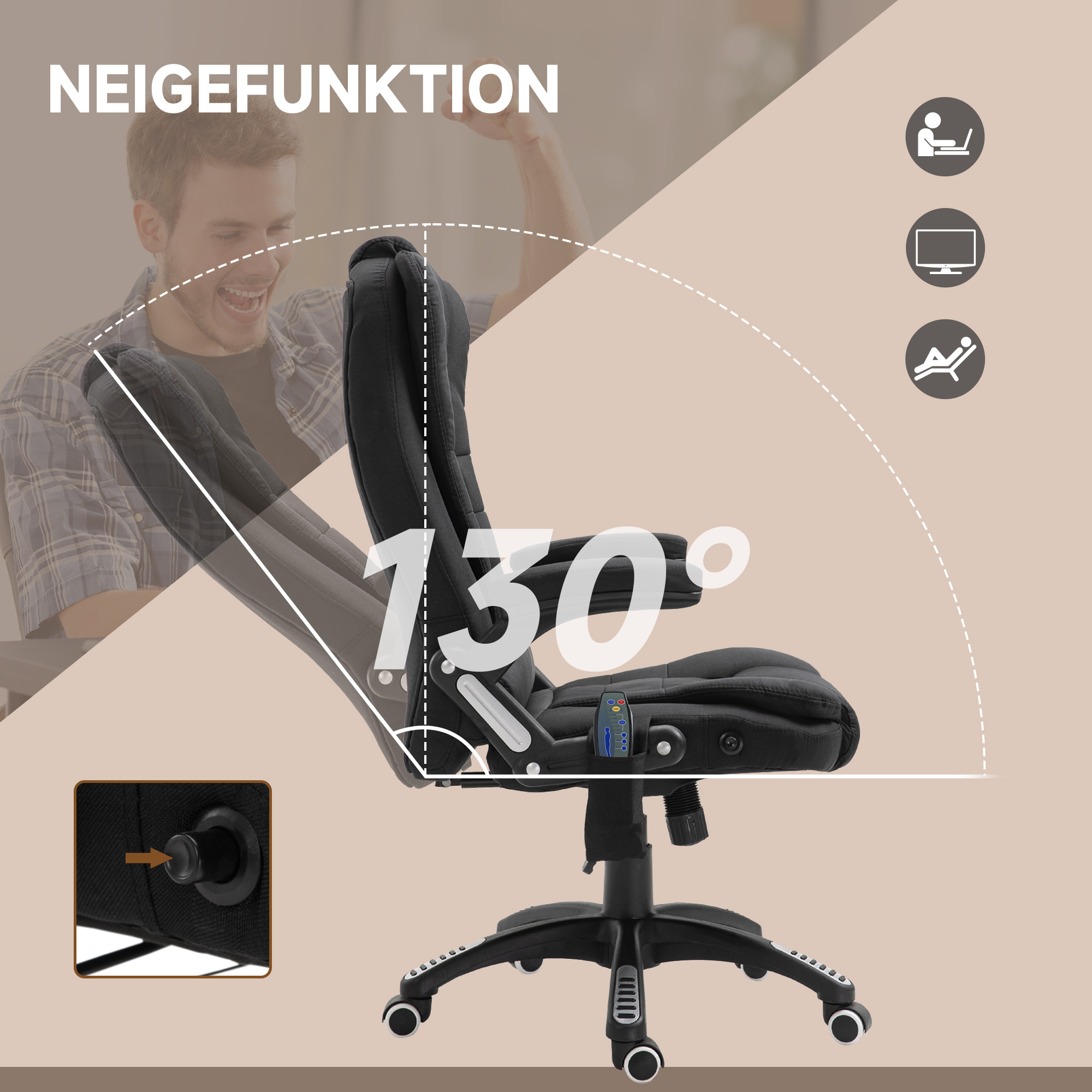 Bürostuhl mit Vibrationsmassage, Ergonomisch Schreibtischstuhl mit Heiz-, Liegefunktion, Höhenverstellbar Chefsessel mit Fernbedienung, Seitentasche, Leinenoptik, Schwarz