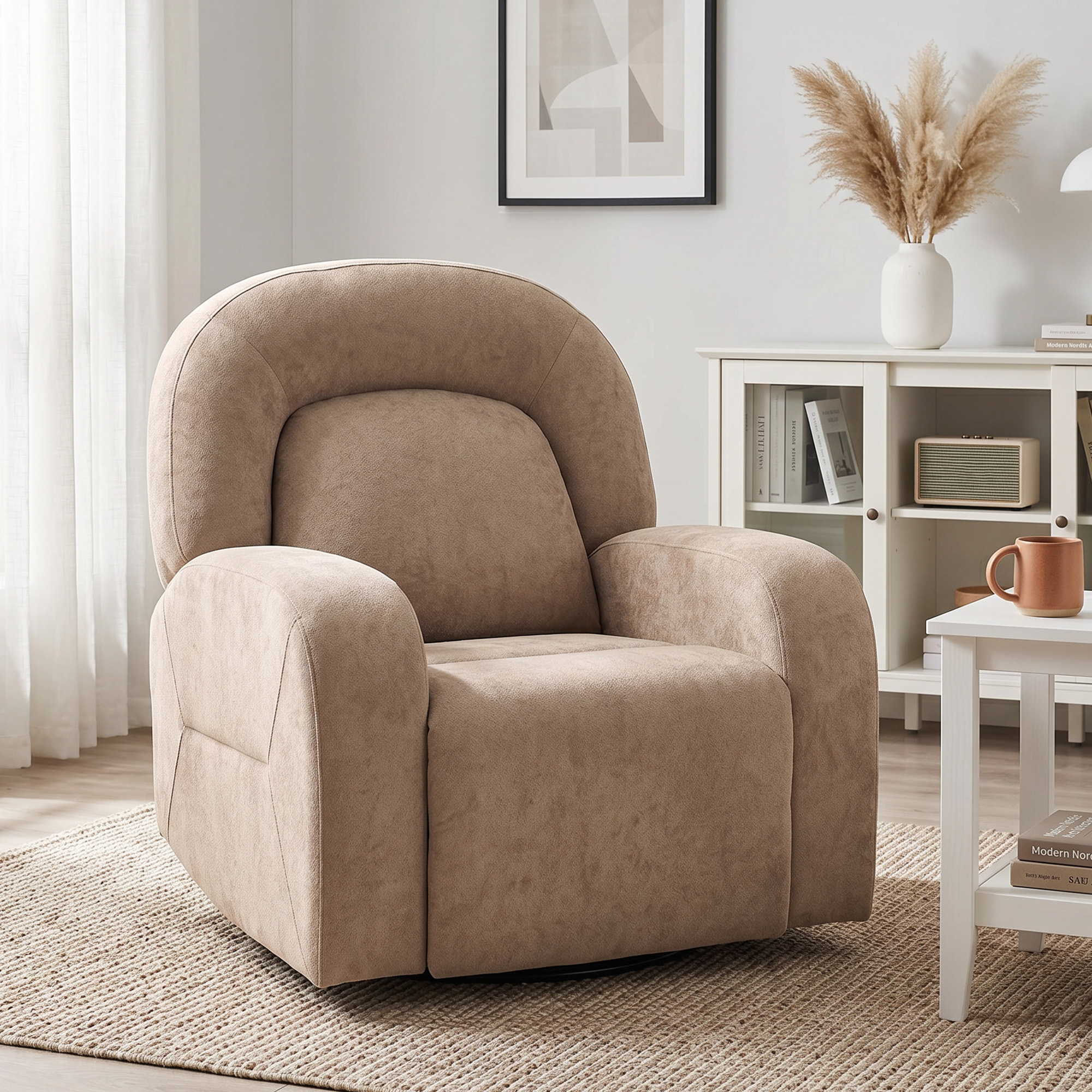 Relaxsessel, 360° Drehbarer Liegesessel mit Wolkenweichem Samtstoff, Breitem Sitz, für Wohnzimmer, Khaki