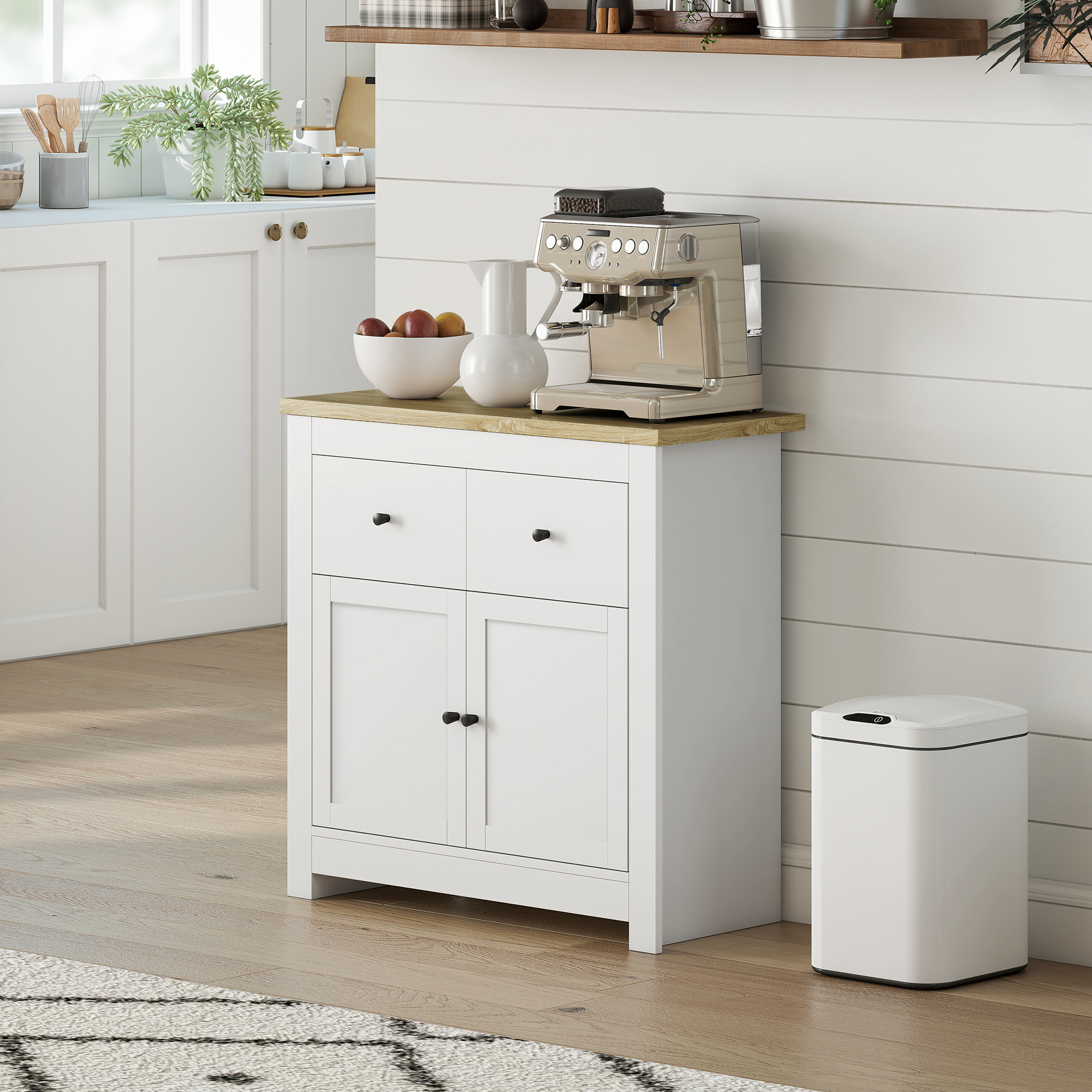 Kommode mit viel Stauraum, Sideboard mit Soft-Close-Türen, 2 Schubladen, verstellbares Regal, Weiß
