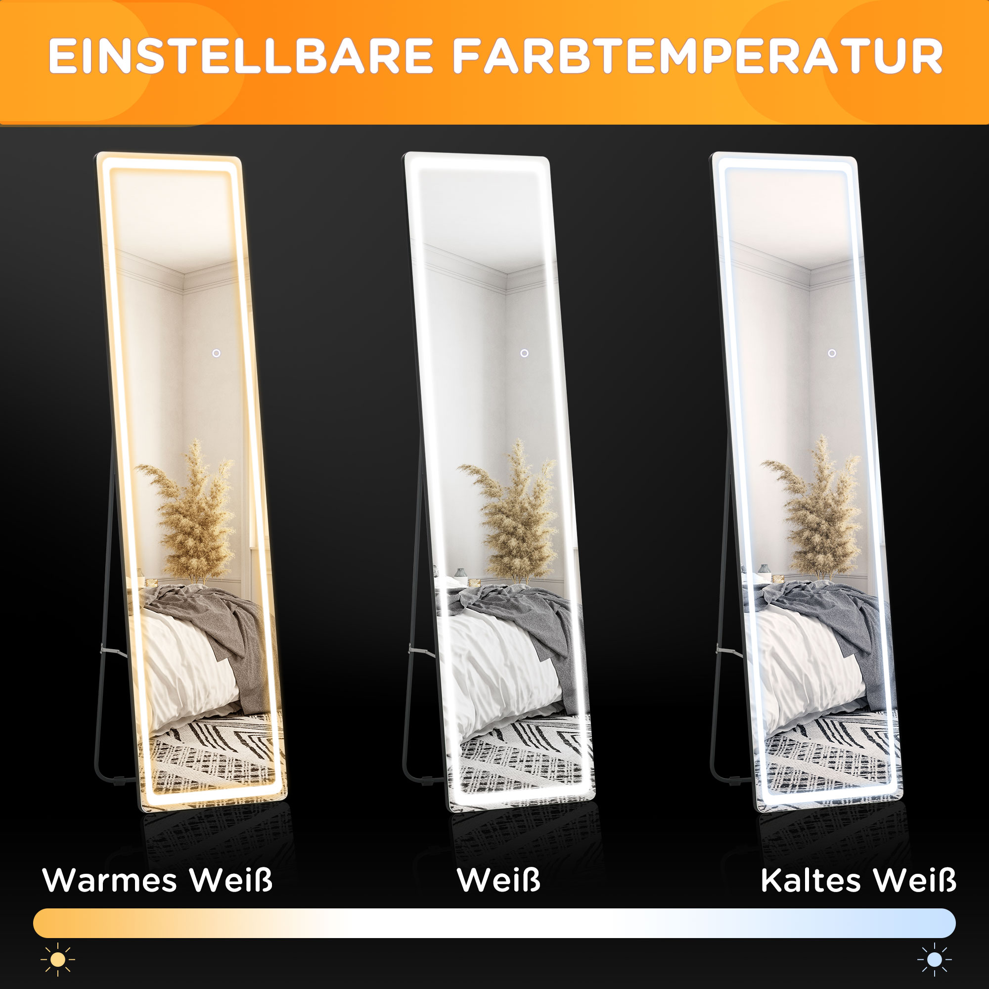 2 in 1 Standspiegel mit LED-Licht, freistehend, Aluminium, einstellbares Licht, 40 cm x 37 cm x 157,5 cm