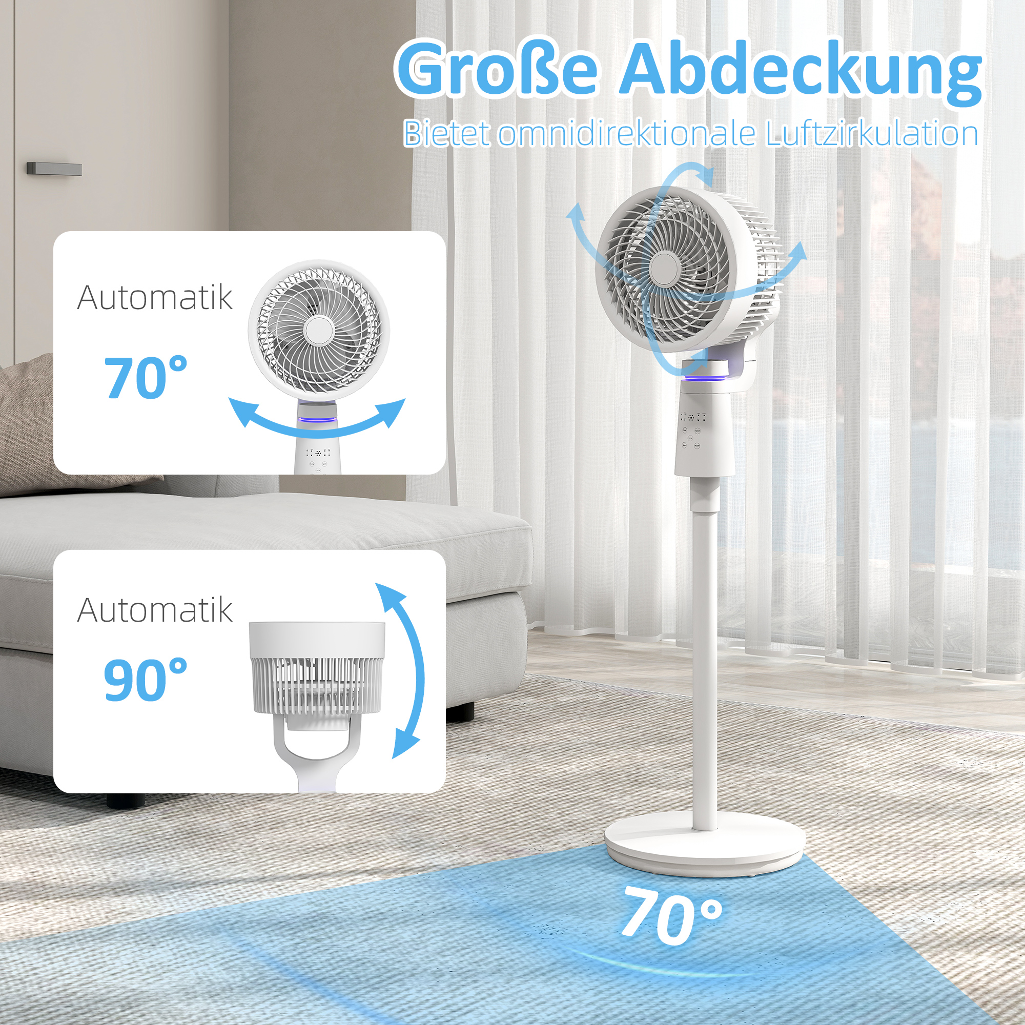 Standventilator Luftzirkulator Lüfter mit 3 Geschwindigkeitsstufen Fernbedienung Timer 70°+90° Oszillation