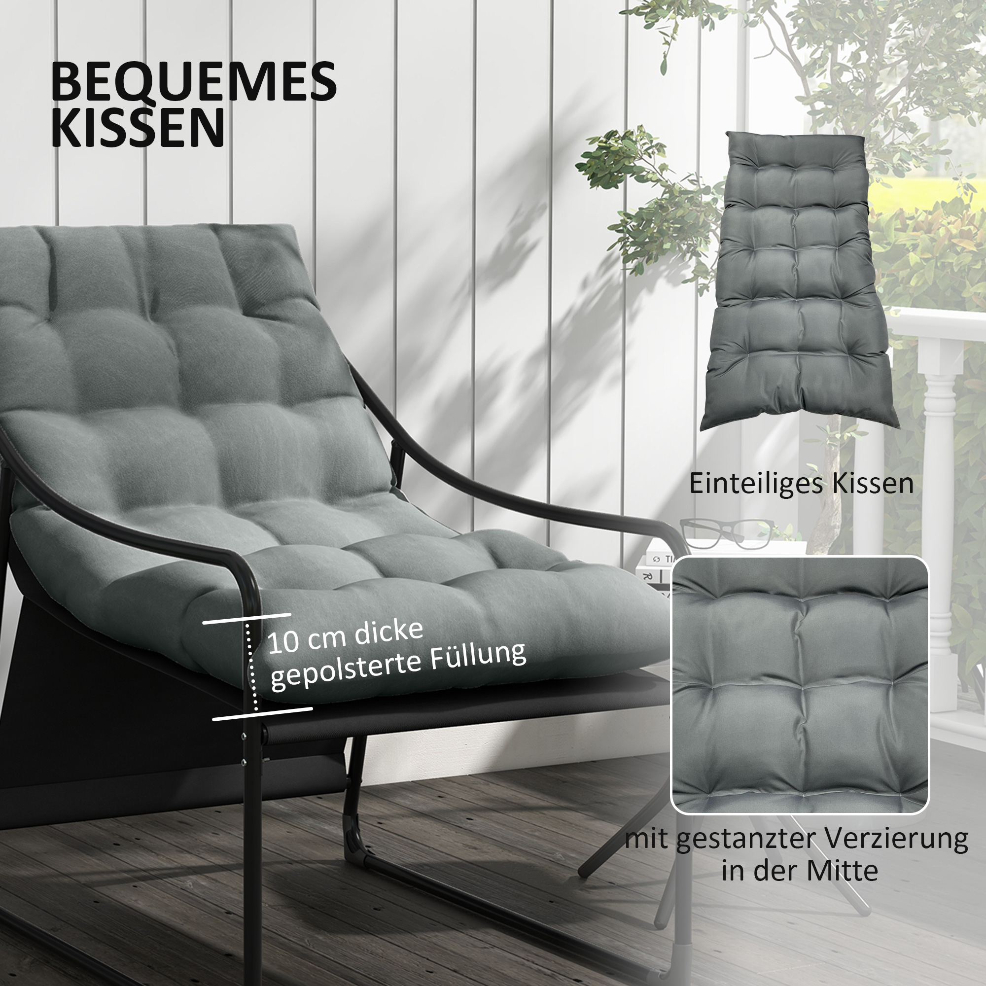 Outdoor Lounge, dicke Polsterung, rostfreier Stahlrahmen, 62B x 110T x 88H cm, Grau/Schwarz