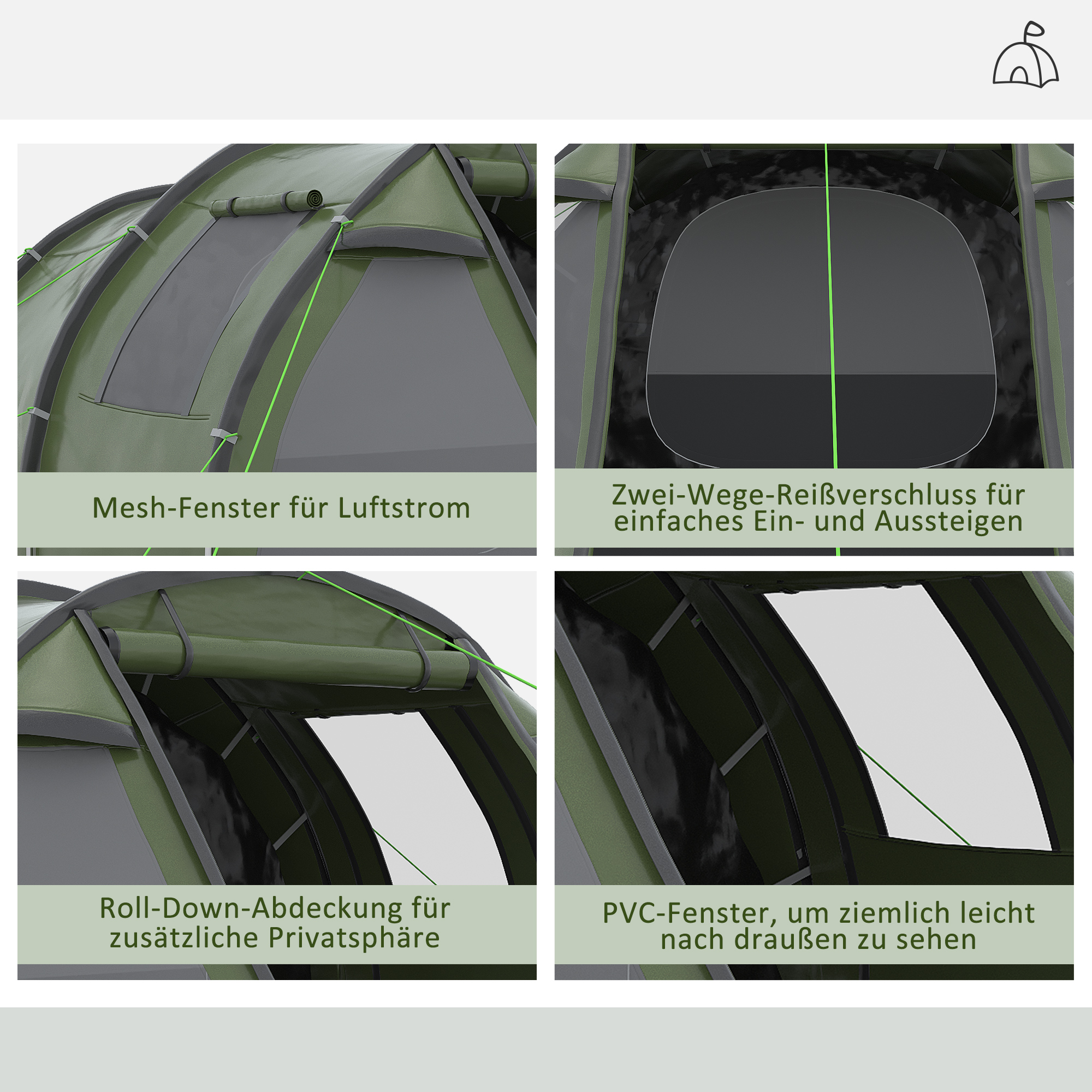 Campingzelt für 3-4 Personen, zwei Innenräume, Netzfenster, grün, 4,75 x 2,64 x 1,72 m