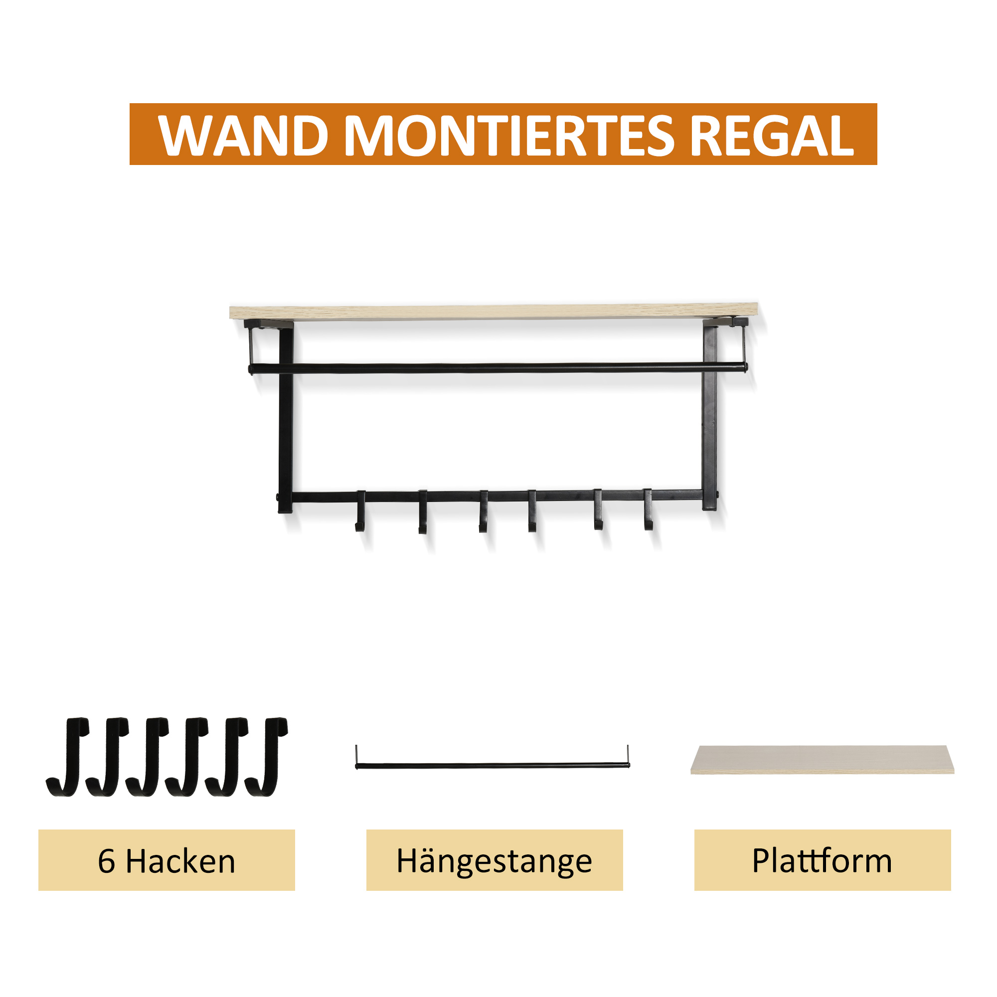 2-in-1 Garderobenset Flurgaderobe mit Sitzbank Wandgarderobe für Eingangsbereich, 6 Haken, Natur+Schwarz, 75 x 30 x 45 cm(Sitzbank)