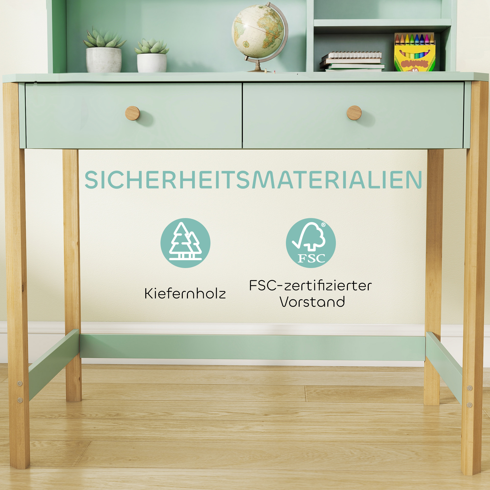 Kinderschreibtisch Schülerschreibtisch mit Schubladen Regal Stauraum für 5-12 Jahre Kinder 90 x 52 x 105 cm Grün