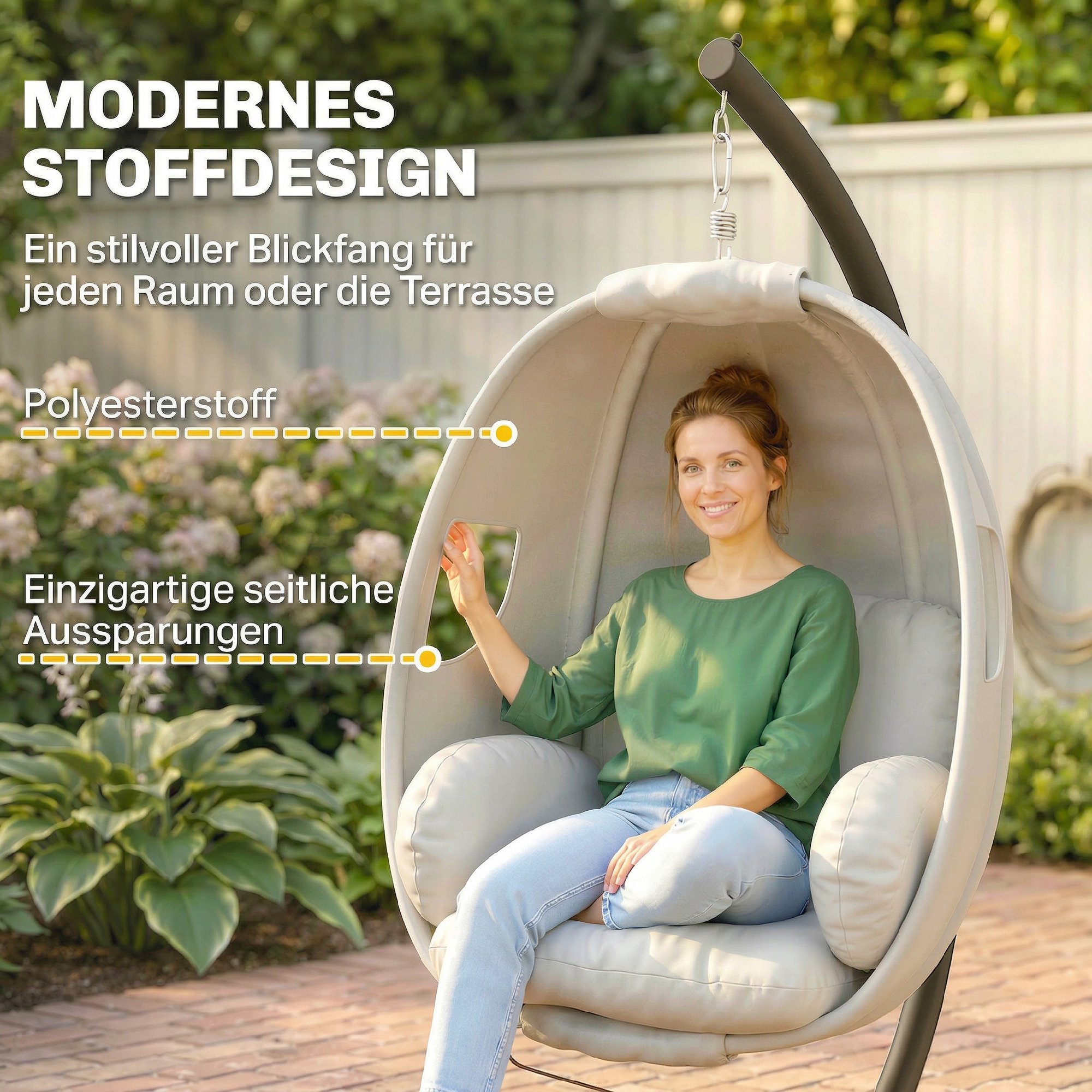 Hängesessel mit Gestell, faltbar Hängekorb mit dick Sitzpolstern verstellbarer Höhe Sicherheitsgurt bis 120 kg