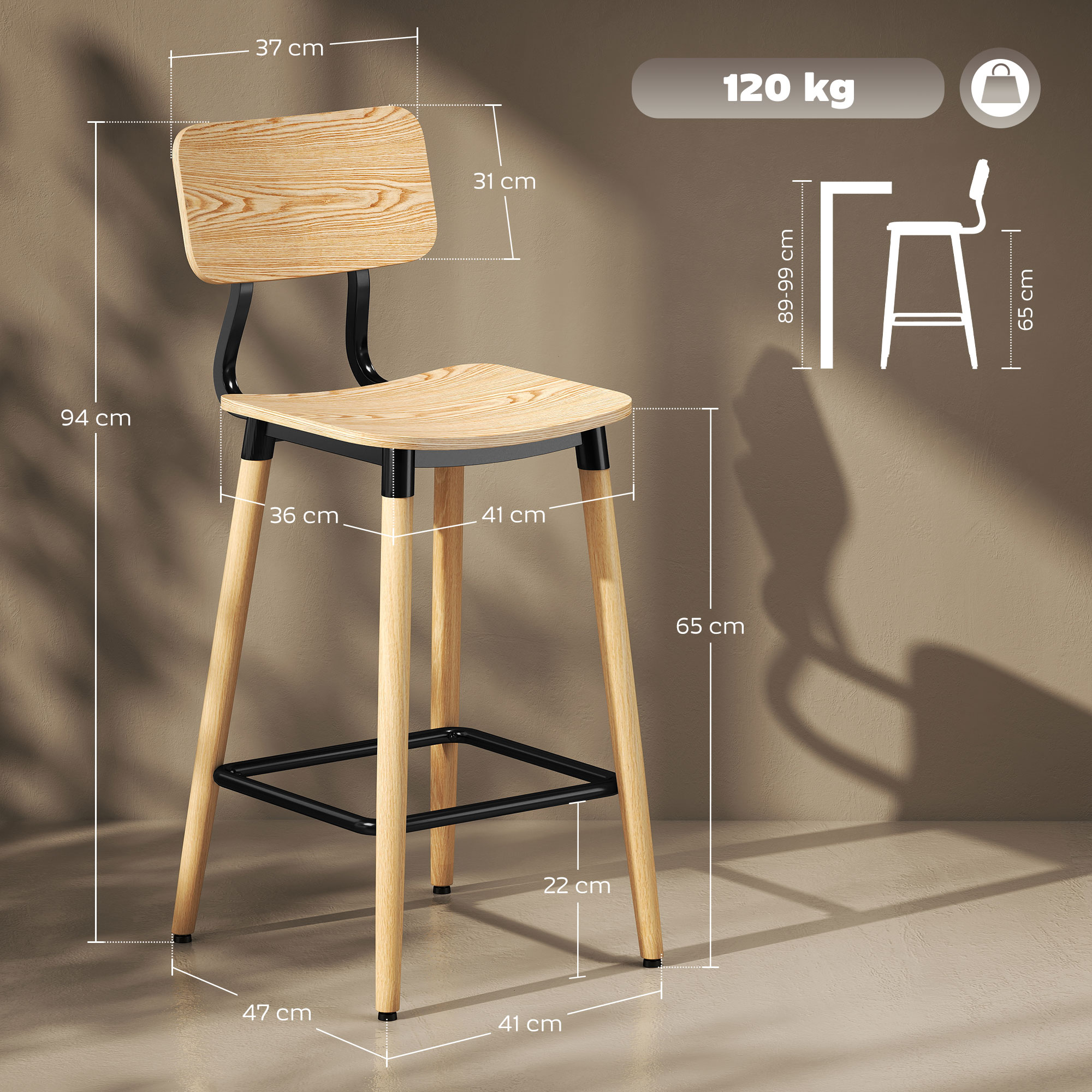 2er-Set Barhocker mit Rückenlehne, Barstühle für Hausbar, Kücheninsel, Esszimmer, Holz, Metall, Hellbraun
