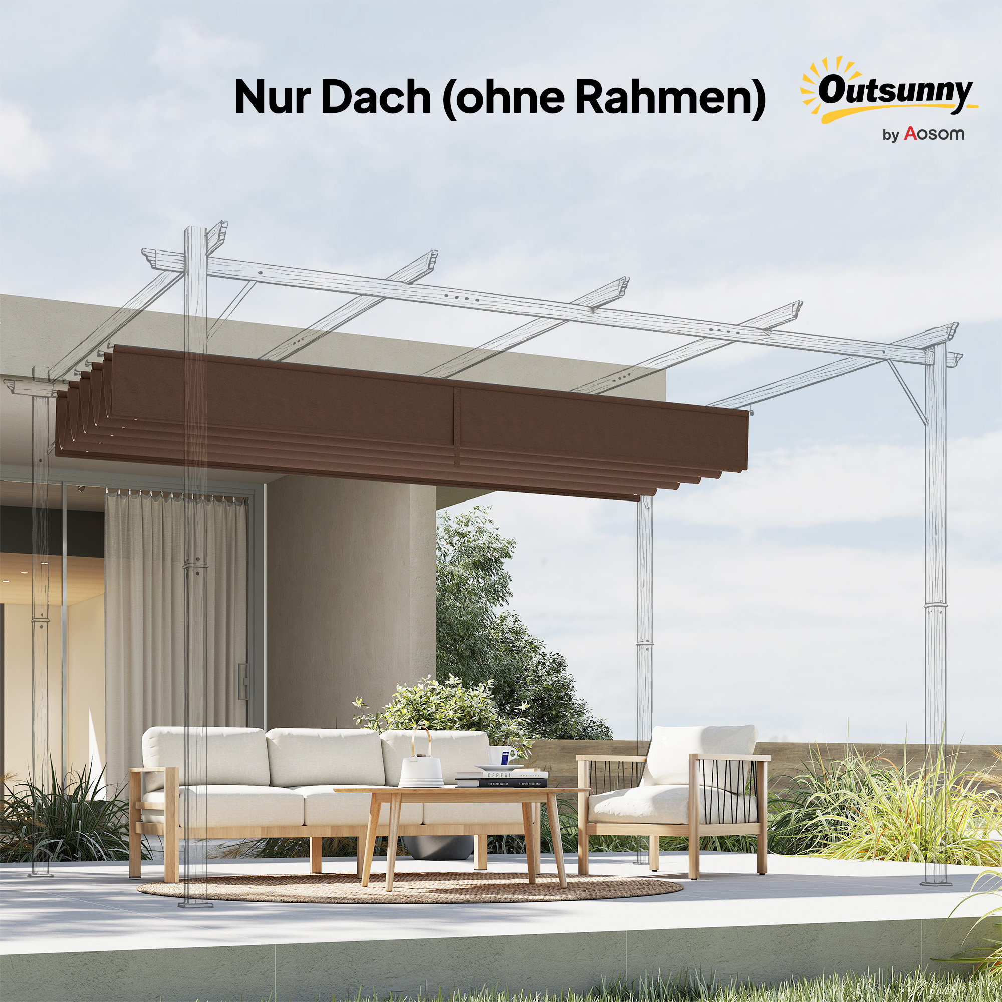 Ersatzdach für 4 x 3 m Pergola, einziehbar, mit Regenabflusslöchern, wetterfest, Polyester, Kaffee