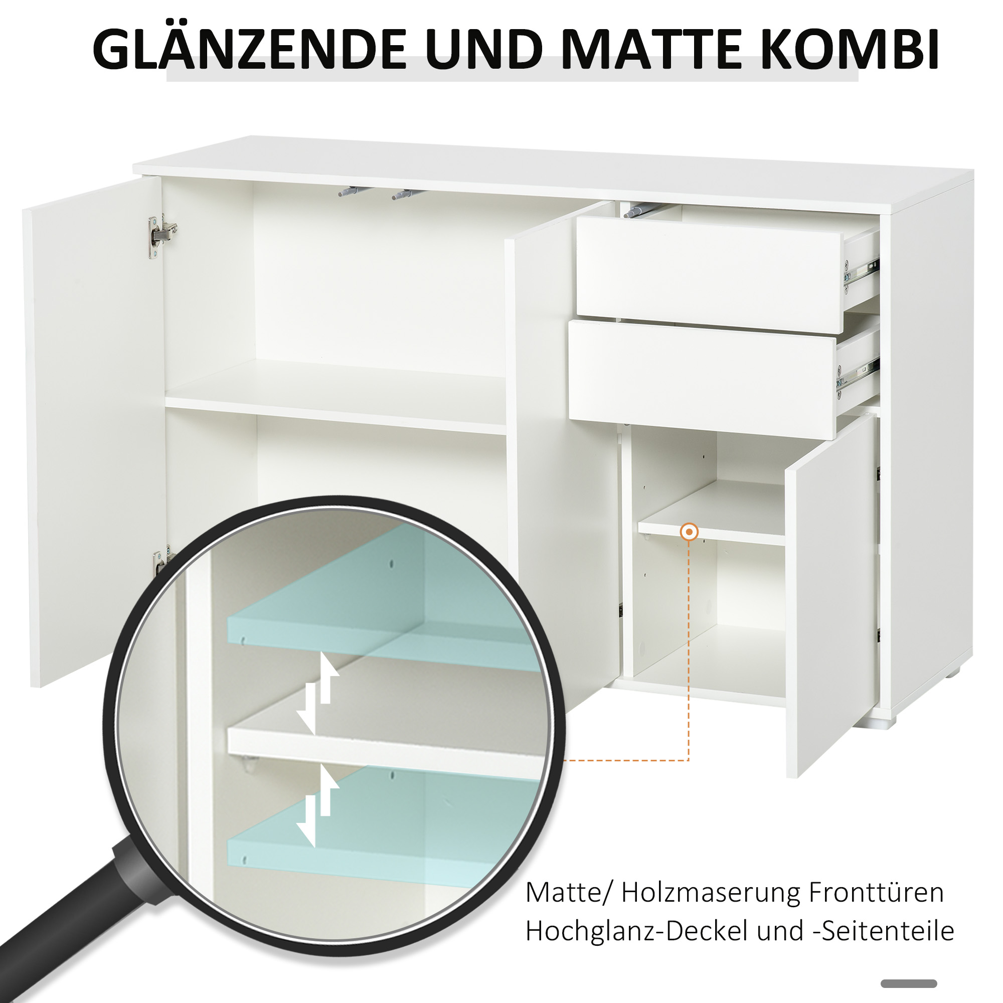 Sideboard Kommode Anrichte, 2 Schubladen, Push-Click, 117 cm x 36 cm x 74 cm, Weiß