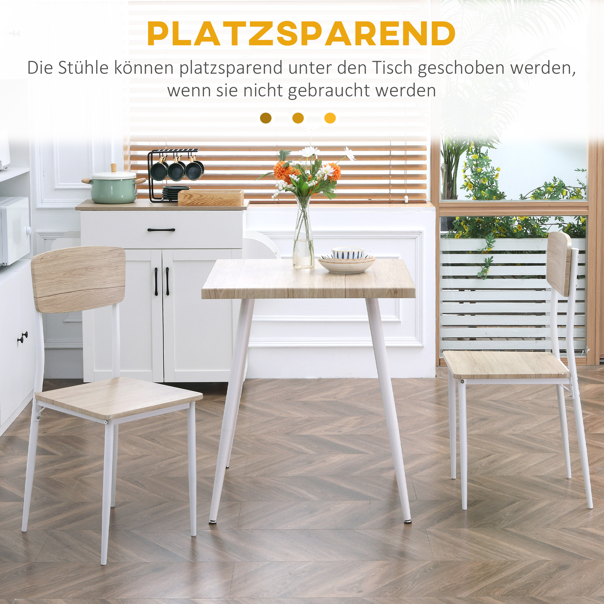 3-teilige Essgruppe Esstisch mit 2 Stühlen Esszimmergruppe mit Metallgestell Sitzgruppe für Esszimmer, Küche Nautr+Weiß