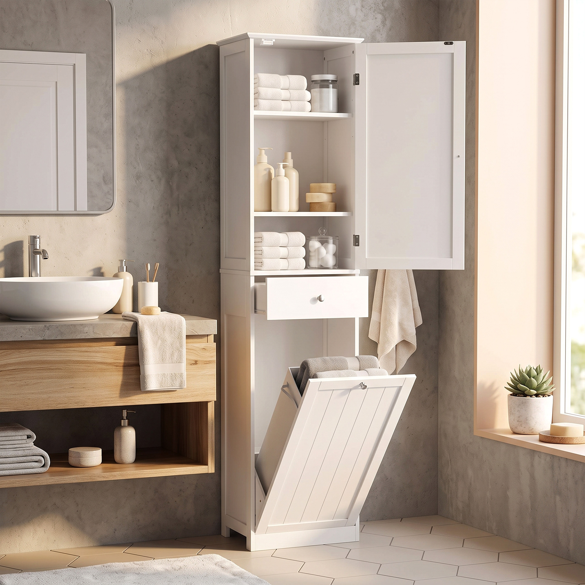 Hochschrank Badezimmer mit Kippbarem Wäschefach Badschrank Schmal 180cm Weiß