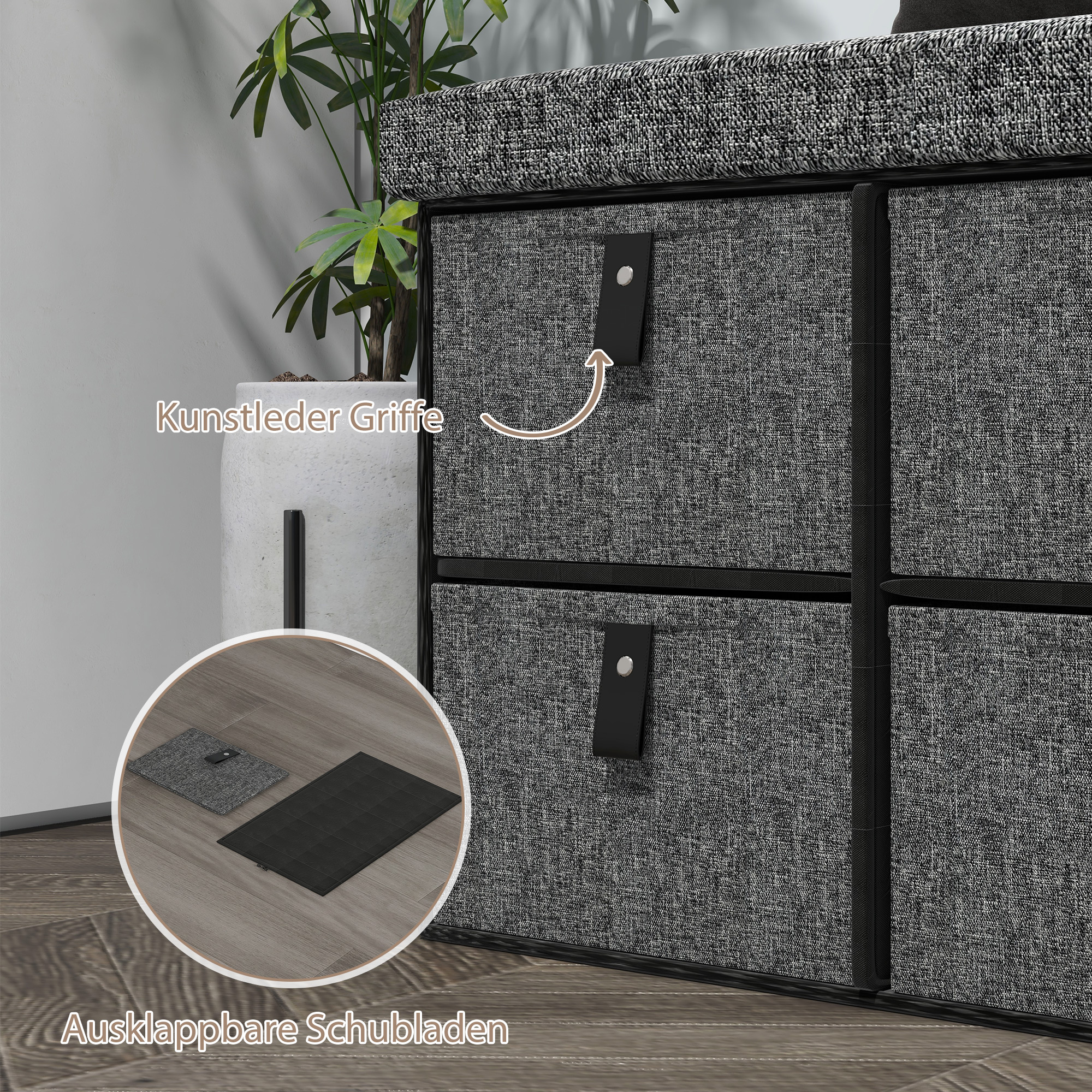 Gepolsterte Schuhbank, 6 Schuhfächer, MDF-Rahmen, Leinenoptik, Grau