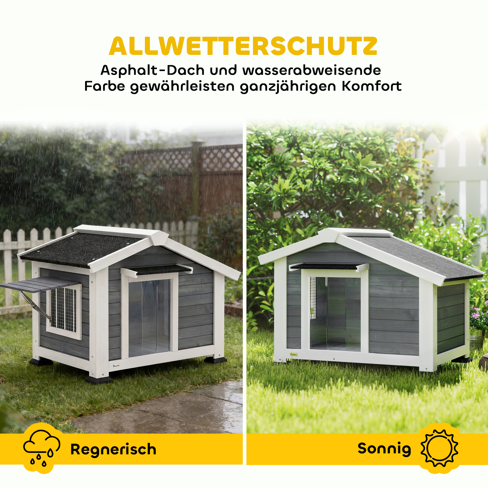Hundehütte wetterfestes Hundehaus aus Holz mit herausnehmbarem Boden Asphaltdach öffnendem Fenster 98x76x69,5 cm Grau