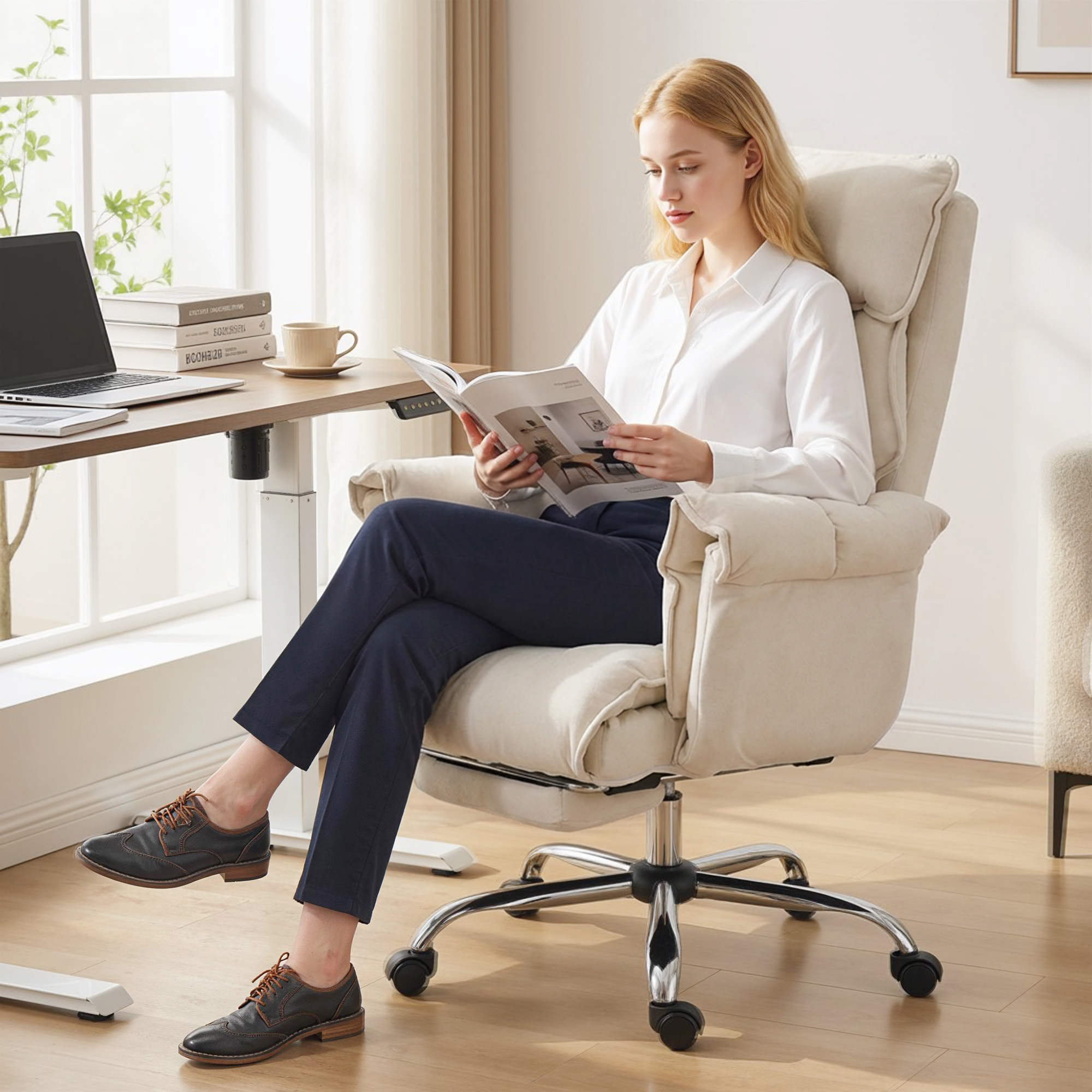 Bürostuhl Höhenverstellbarer Drehstuhl mit Lendenwirbelstütze, Fußstütze, Schneeflanell, 80 x 80 x 106-114 cm Cremeweiß