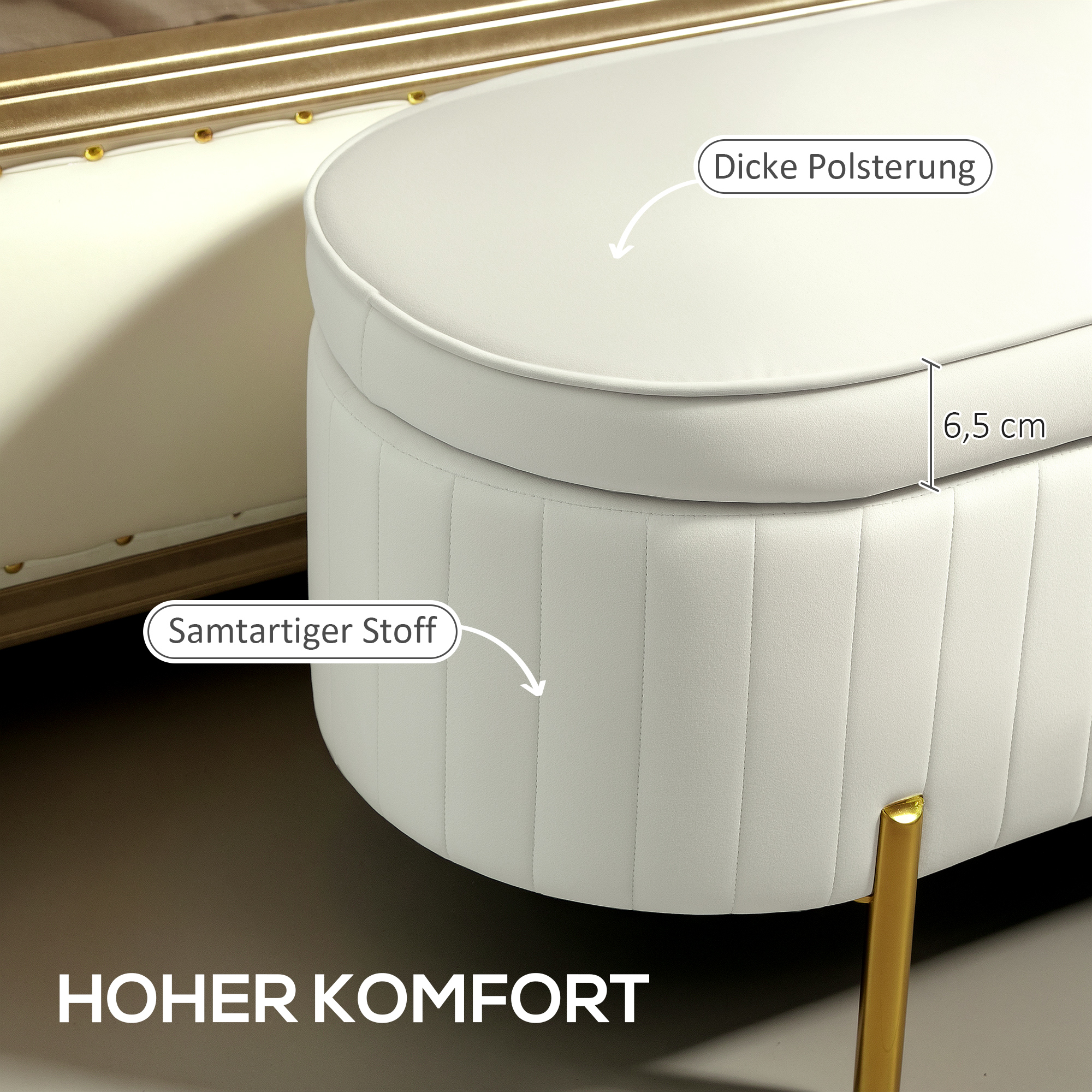 Sitzbank mit Klappdeckel und Stauraum, Stoffbezug, Metall, Cremeweiß+Golden