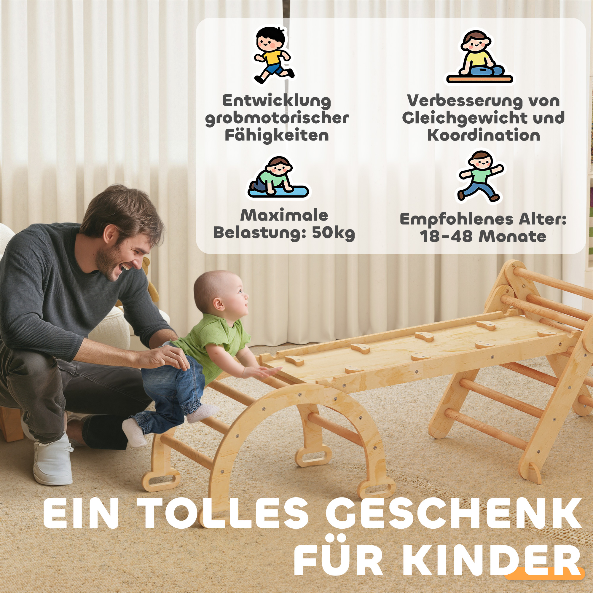 7-in-1 Klettergerüst, Bogenleiter, Dreiecksleiter, Rampe, Kletterwand, Rutsche, für Kinder von 1,5-4 Jahren, zusammenklappbar, Holz
