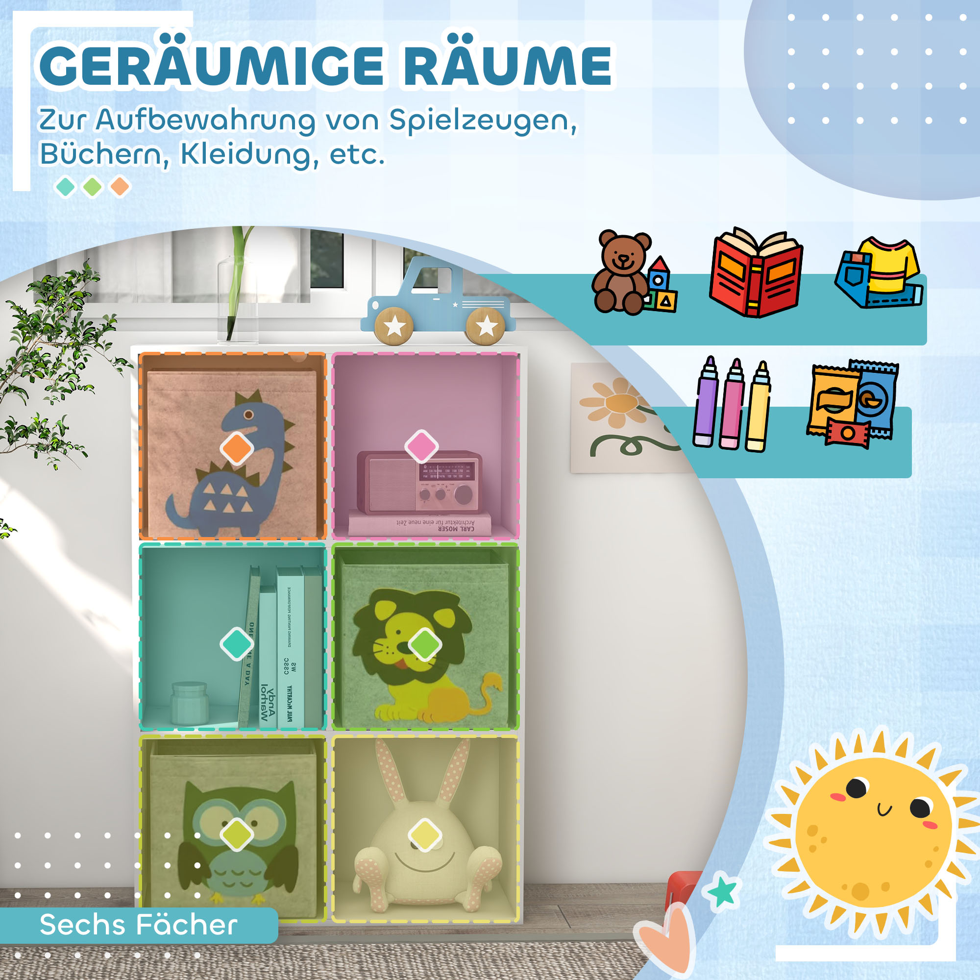 Aufbewahrungsregal für Kinder, Würfel, Schubladen, MDF, Kippschutz, Weiß