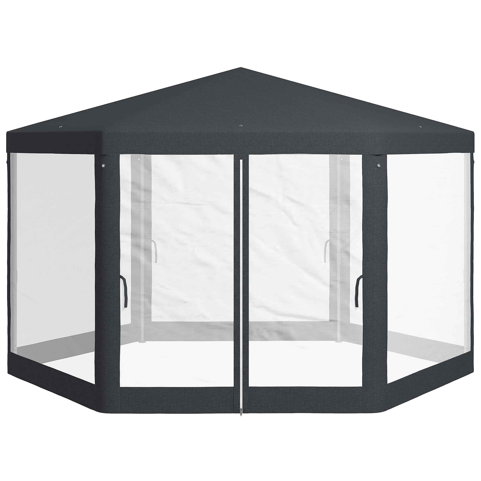 Gartenpavillon, 6-eckig, Netzvorhänge, Metallgestell, 3,94x3,412x2,5m, Dunkelgrau