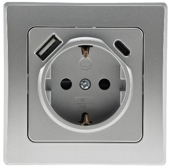 DELPHI Schutzkontakt-Steckdose, silber / 230V~/ 16A, Unterputz, USB-C / PD