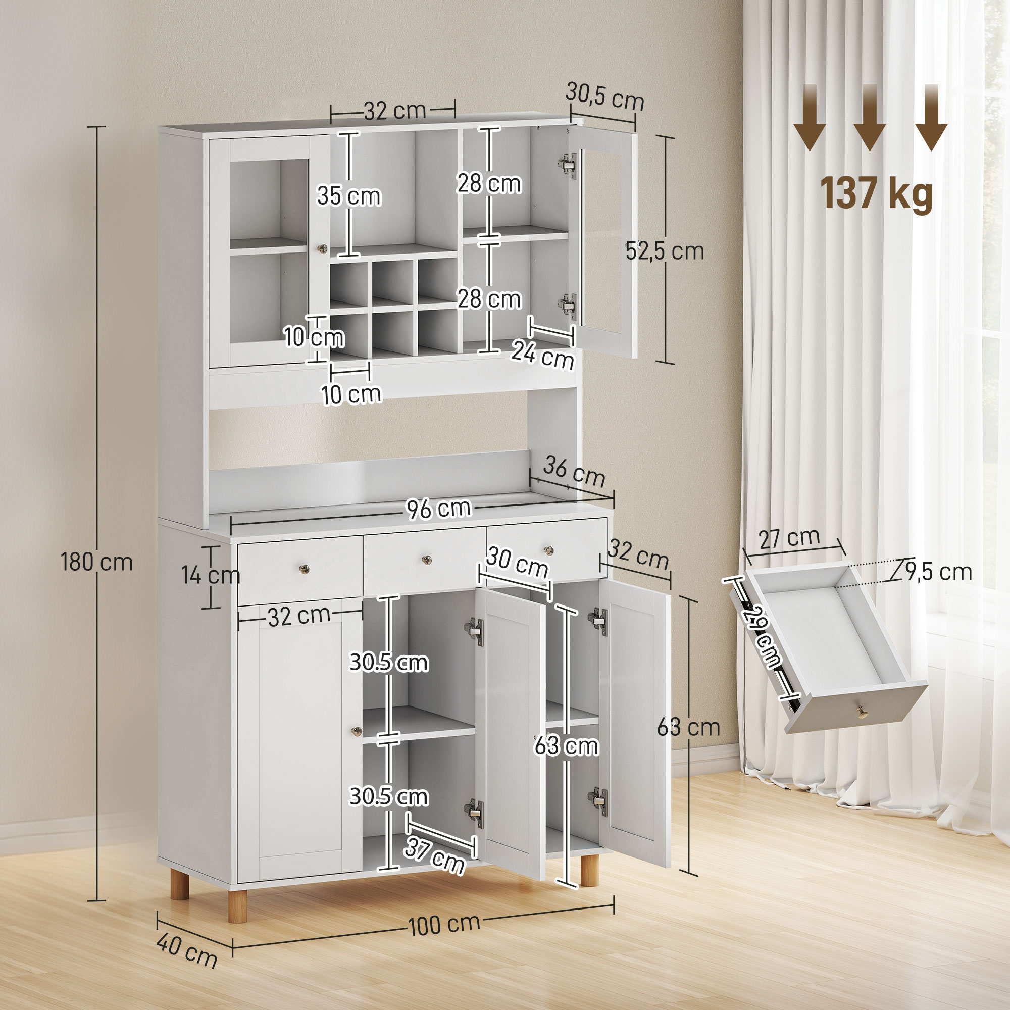 180 cm Küchenschrank, 2 Glastüren, 3 Schubladen, 4 verstellbare Regale, Esszimmerschrank, Spanplatte, Weiß