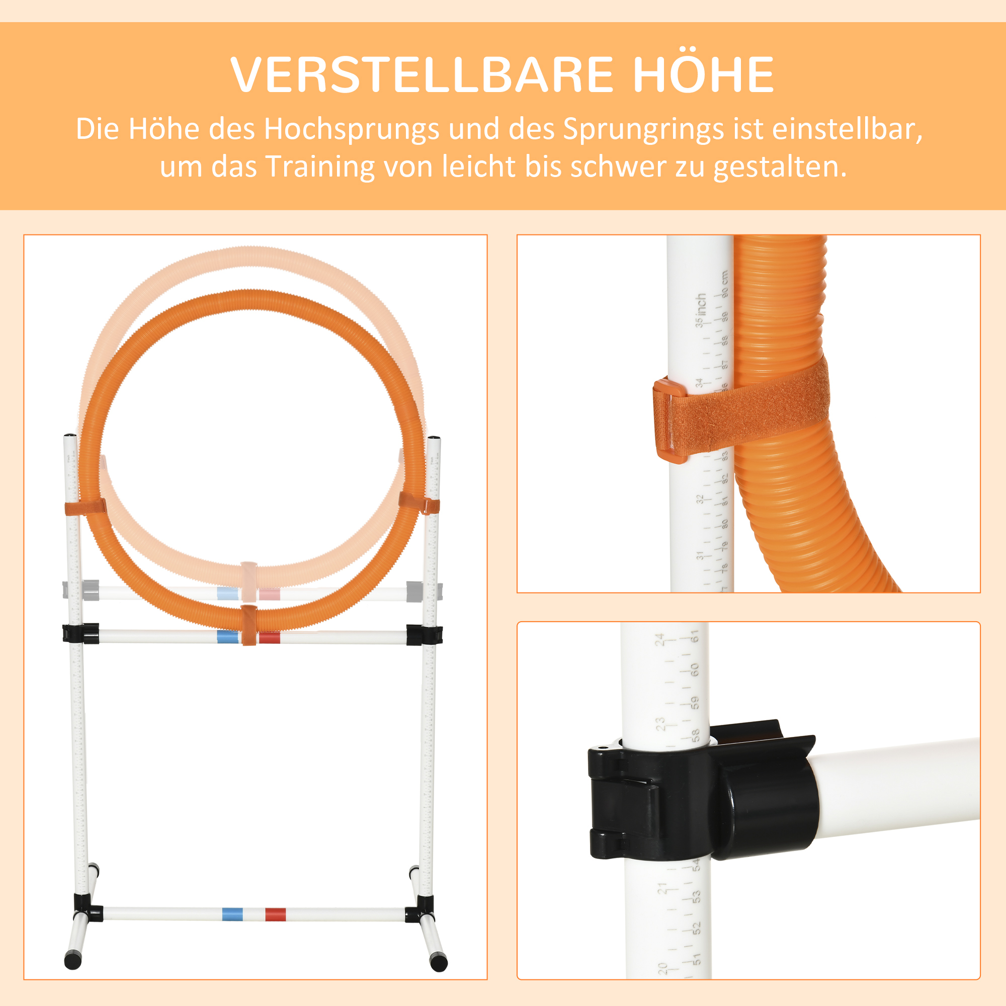 Agility Sprungring für Hunde, Agility Set Hunde, Agility Ring 2 in 1 Sprungringstange mit Tragetasche Kunststoff 74,5 x 66 x 91 cm Weiß+Orange