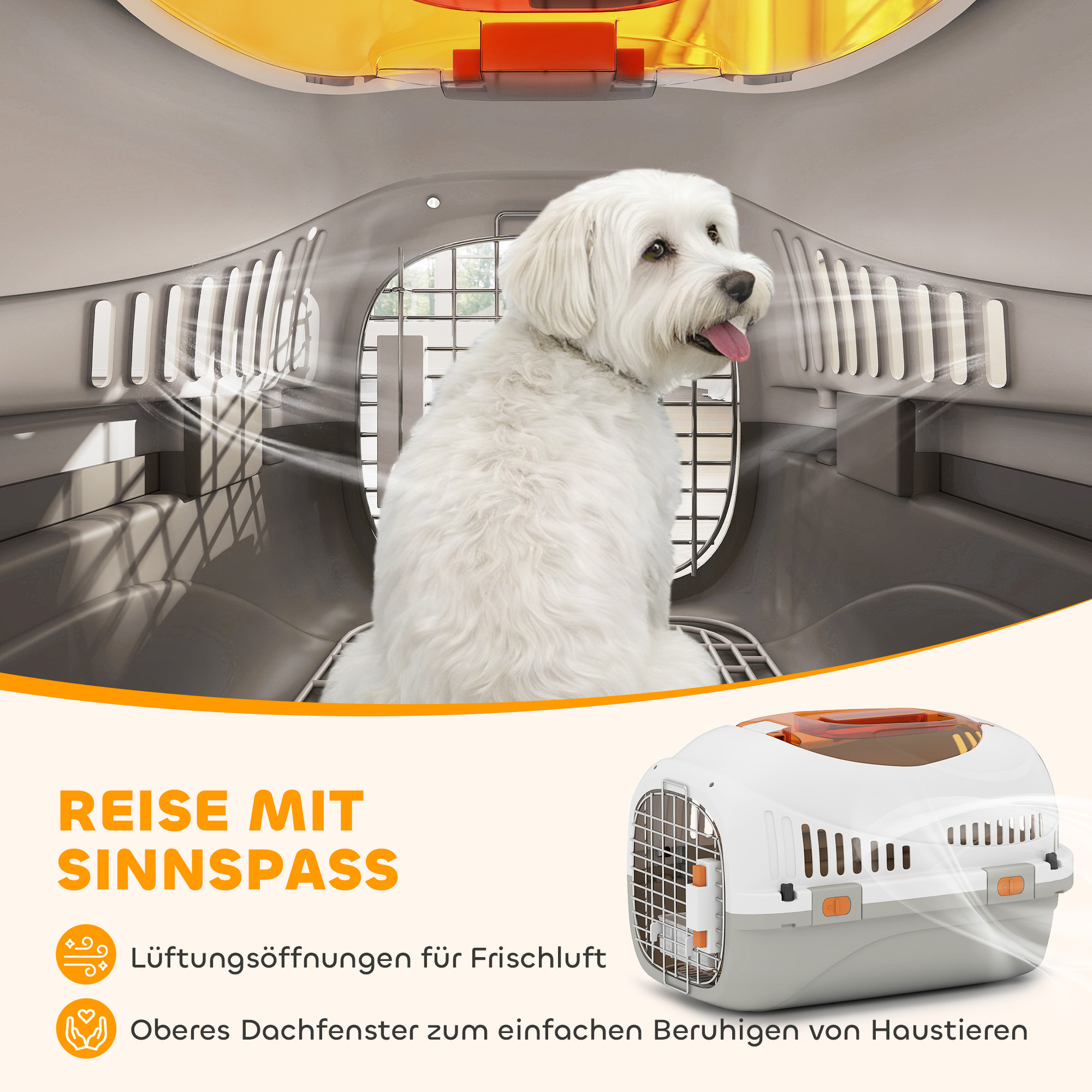 Transportbox Hundetransportbox für Katze Miniaturhunde bis 4kg Hundebox mit Dachöffnung Futternapf 49x32x31cm Hellgrau