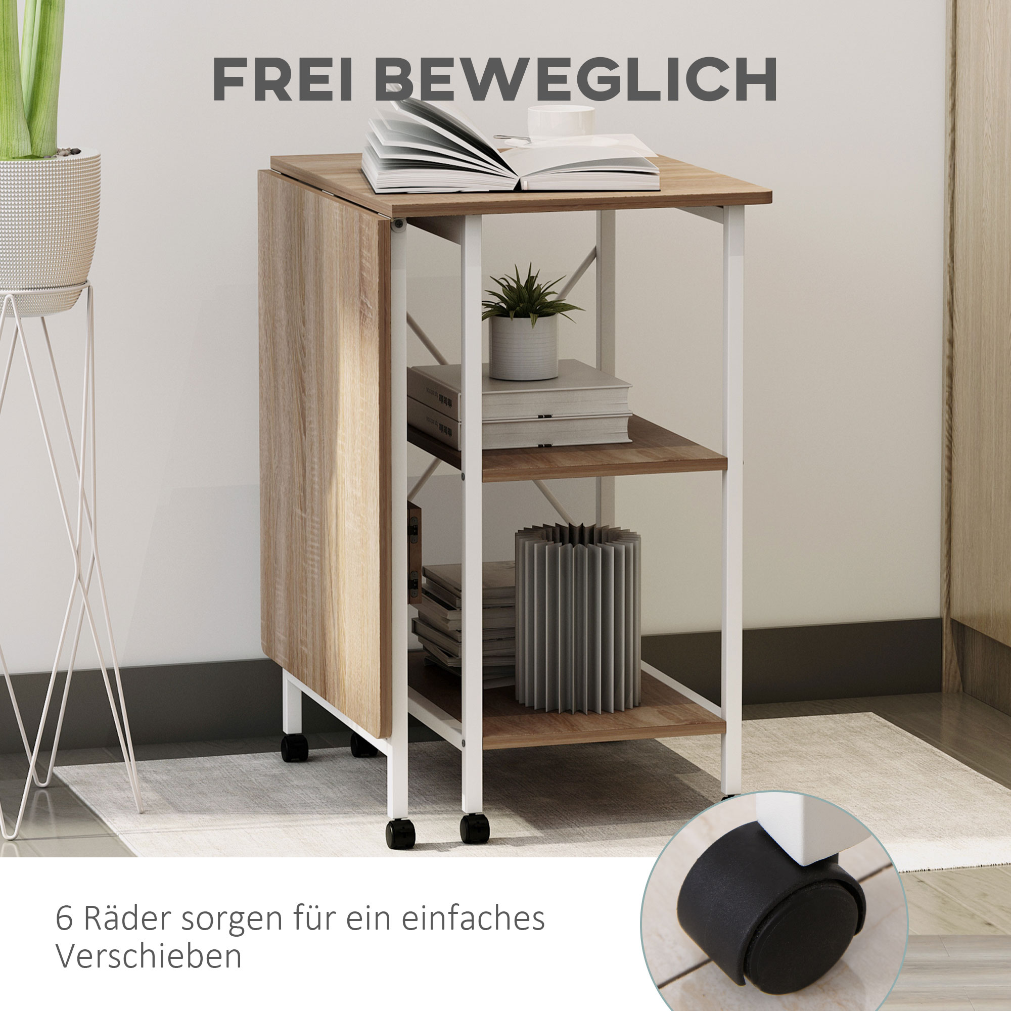 Klapptisch Schreibtisch Beistelltisch Bürotisch Mobiler Computertisch mit Rollen MDF Natur 107 x 55 x 76 cm