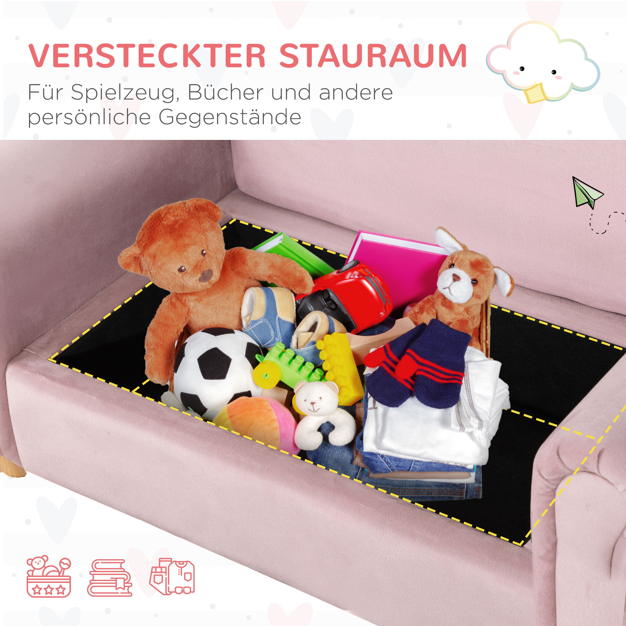 Kindersofa, Zweisitzer für Kinder 3-5 Jahre, Stauraum, Naturholzrahmen, 84 x 41,5 x 48,5cm, rosa