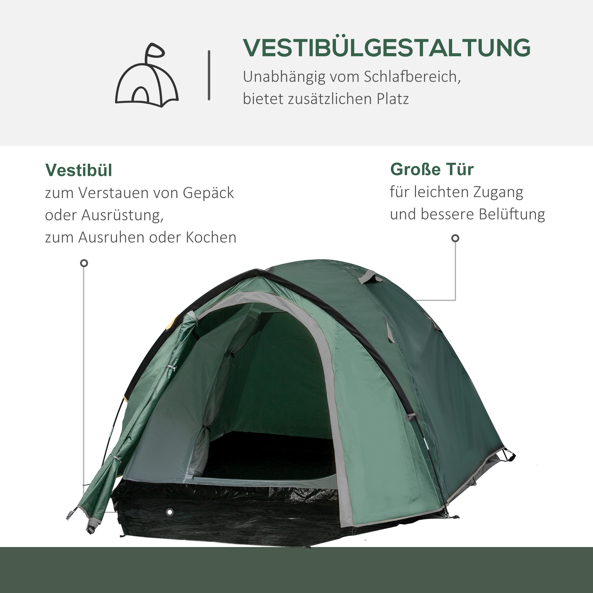 2-Personen-Campingzelt, Netzöffnungen, Lampenhaken, Tragetasche, Grau+Gelb