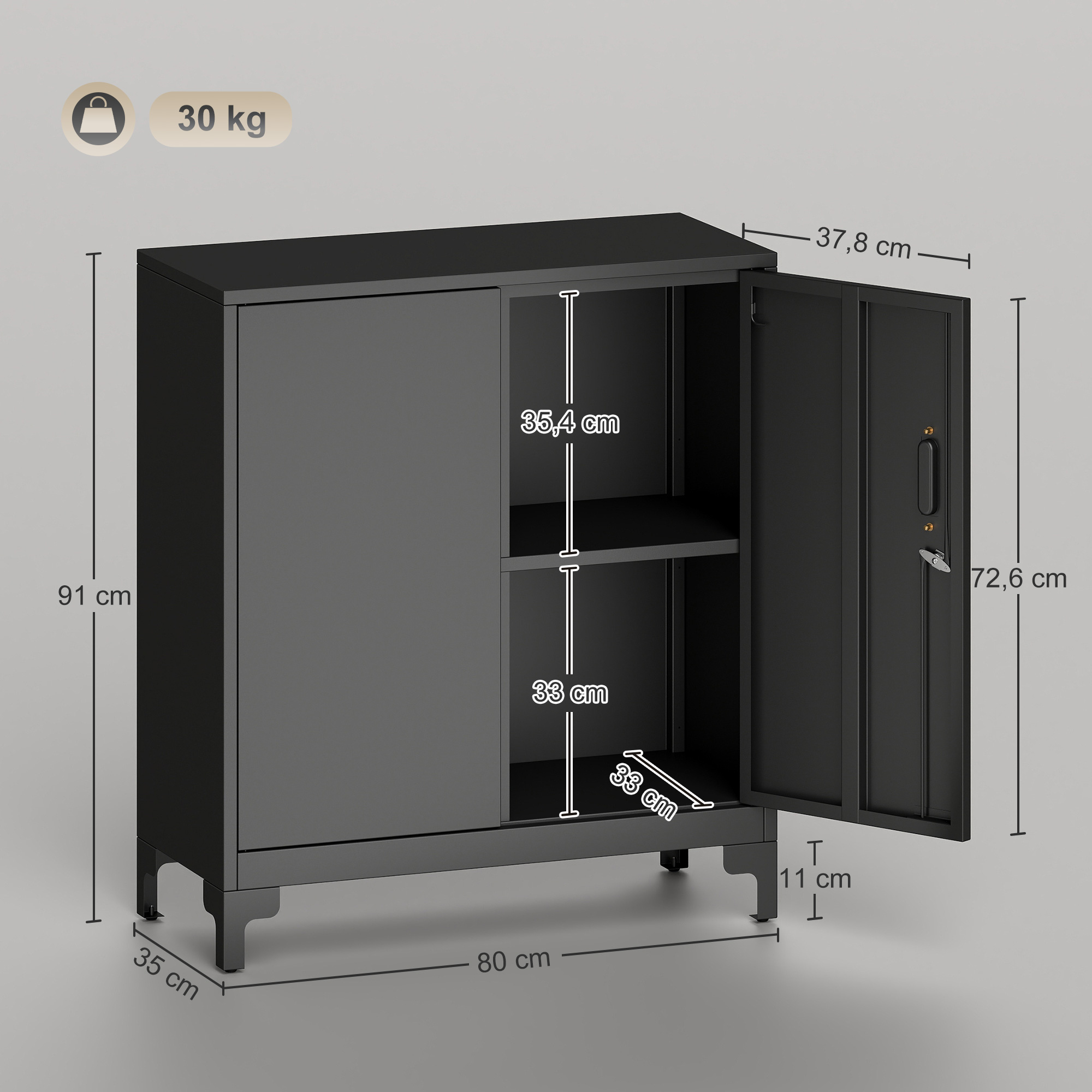 Büroschrank aus Metall, verschließbare Türen, Bürokommode, 2-stufiges Design, Schwarz