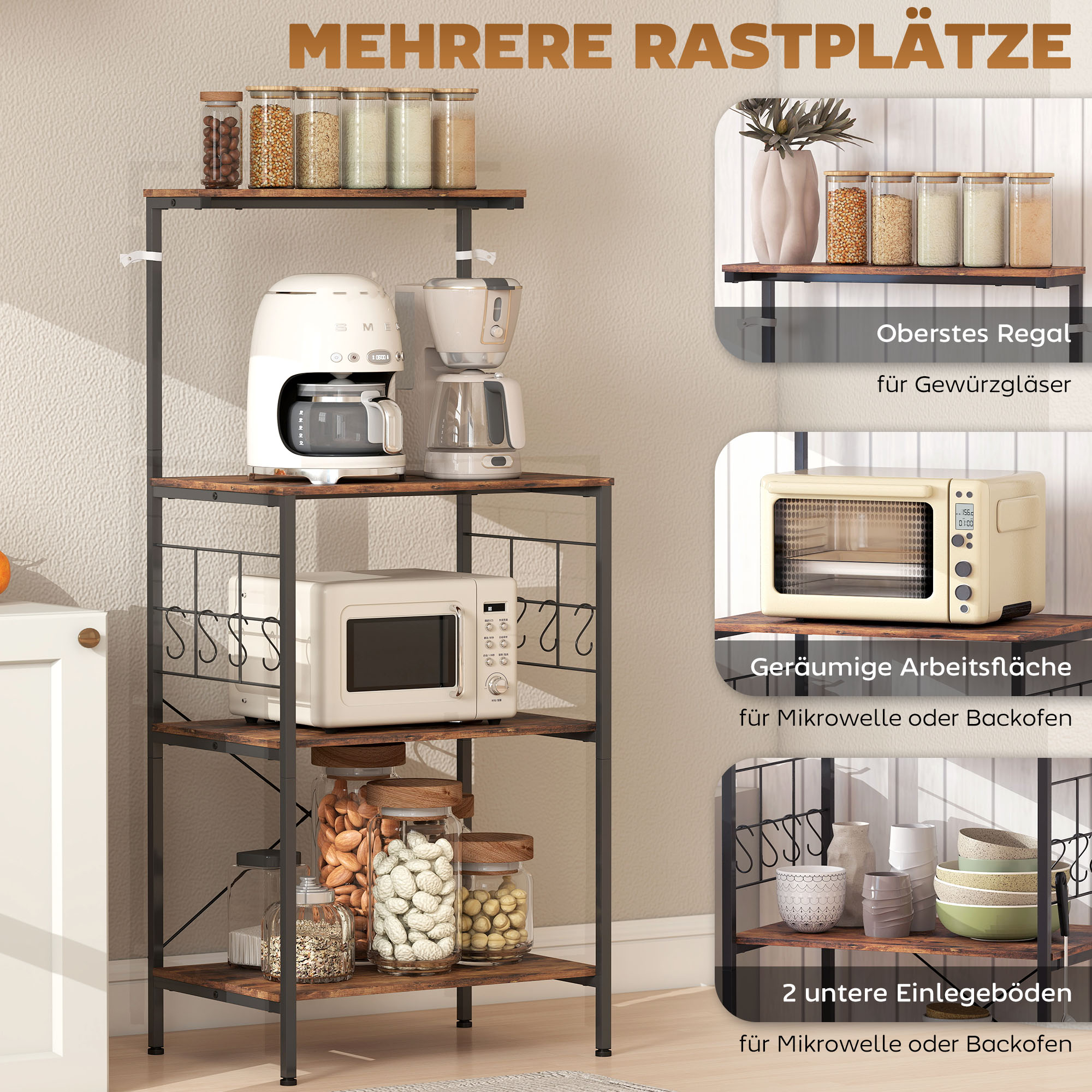 Küchenregal, 4-stufiges Design, Arbeitsplatte, 8 Haken, Metallrohre, Braun+Schwarz