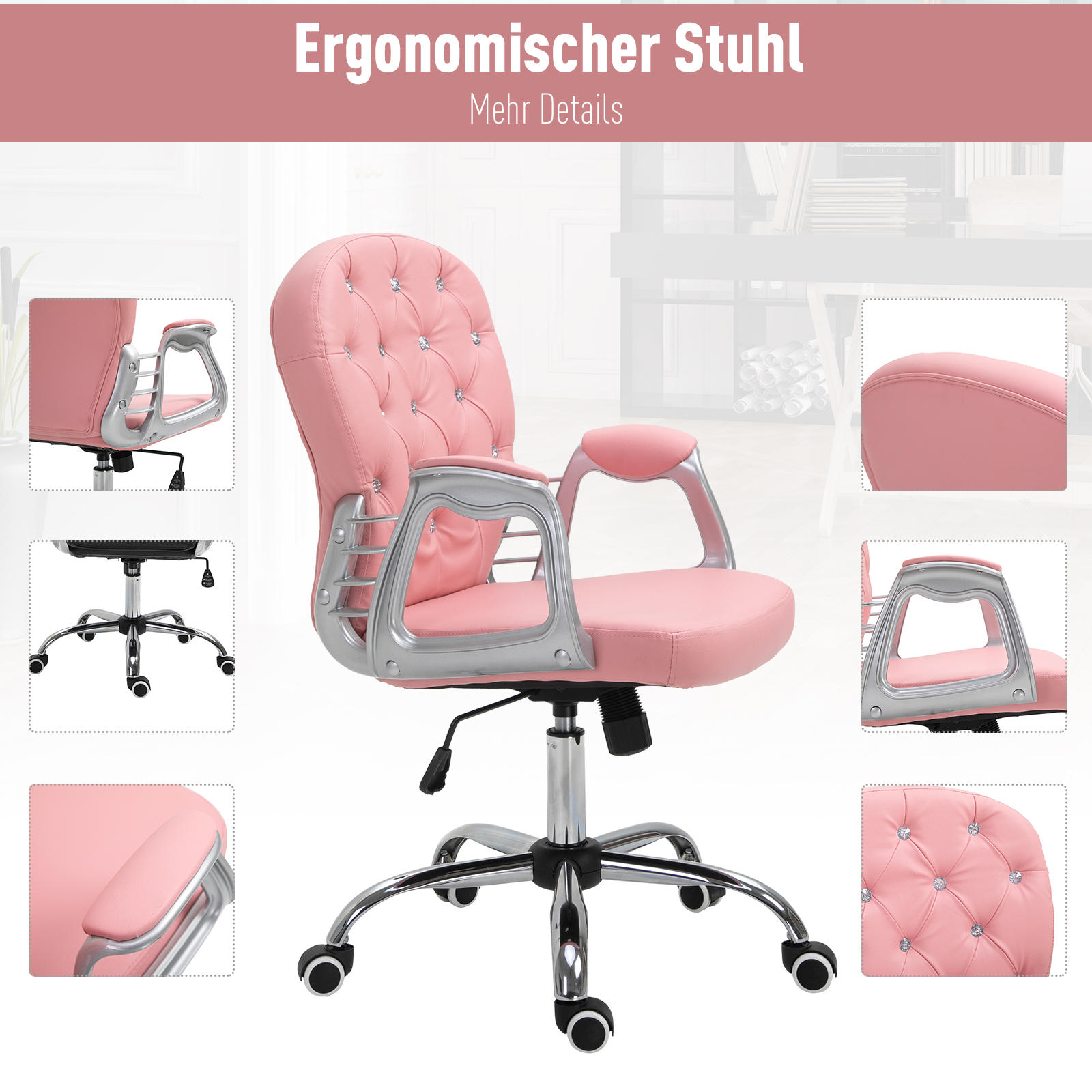 Bürostuhl, Ergonomisch Schreibtischstuhl mit Armlehne, Gepolsterter Rückenlehne, Höhenverstellbar Computerstuhl mit Kunstlederoptik, Drehstuhl für Home Office, Rosa