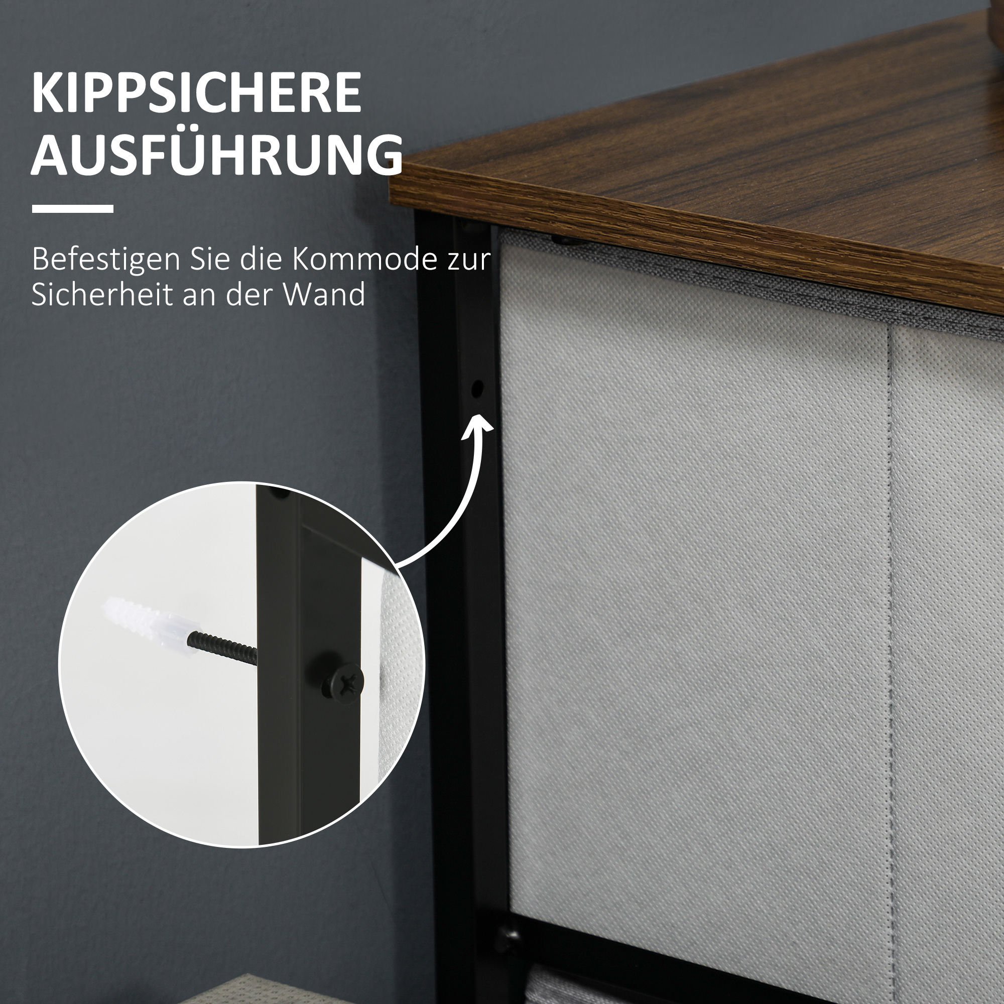 Kommode mit 5 Schubladen aus Stoff Aufbewahrungsschrank mit Griffen 45 x 30 x 116 cm Grau