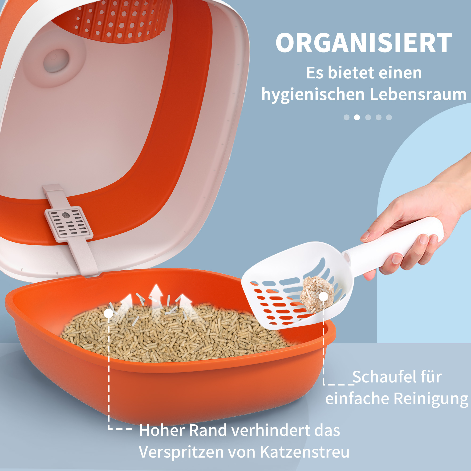 Katzentoilette, mit Deckel und Streuschaufel, für Katzen bis 5 kg, 52x41x38 cm, Weiß/Orange