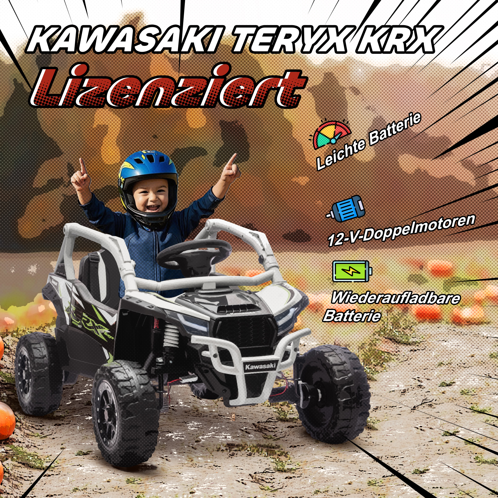 12V Geländefahrzeug für Kinder, Fernbedienung, LED-Lichter, Musik, Hupe, für Kinder von 3-8 Jahren, Grau