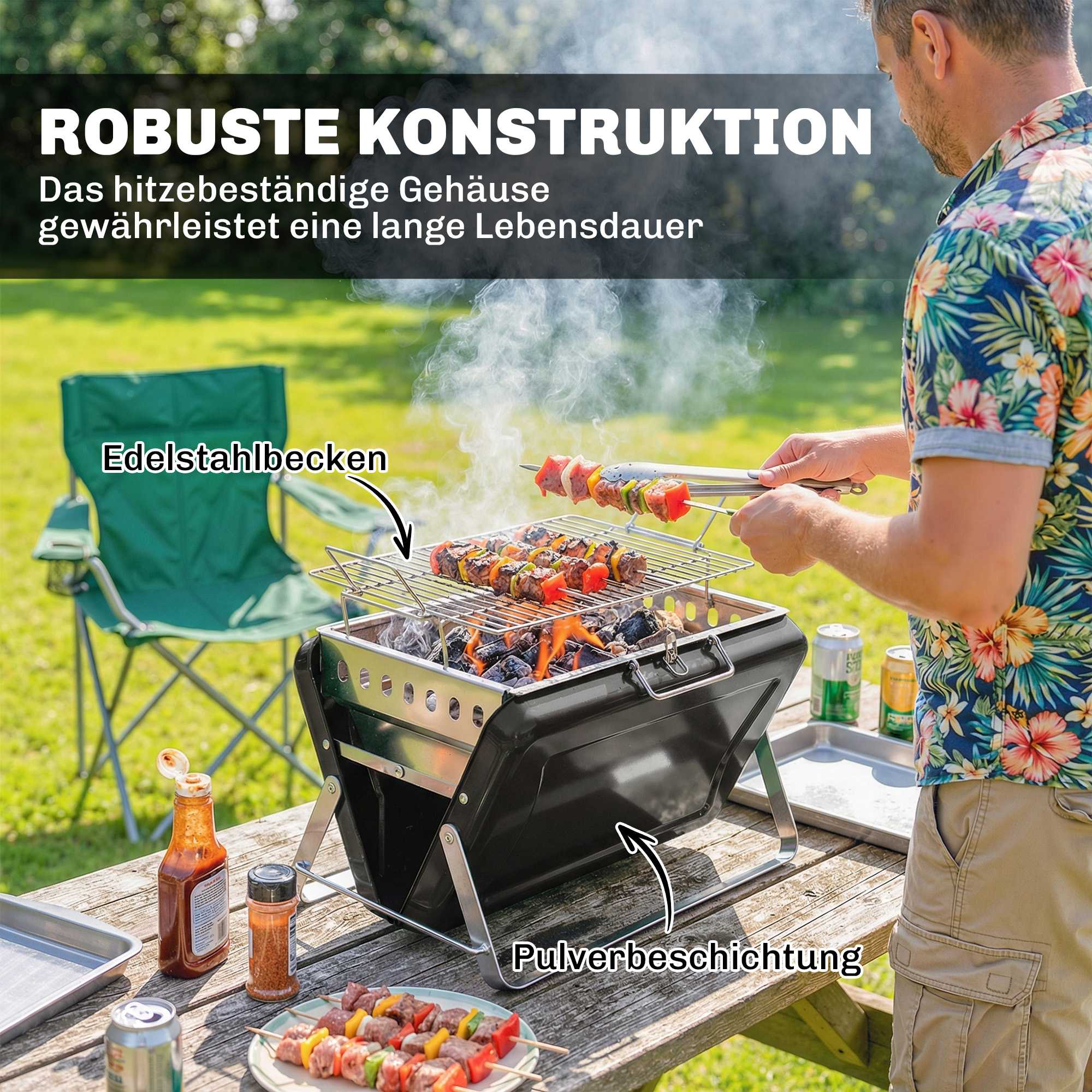 Holzkohlegrill aus Edelstahl BBQ Smoker mit Grillrost Griff klappbaren Beinen für Barbeque Camping 40x28x25,5cm Schwarz