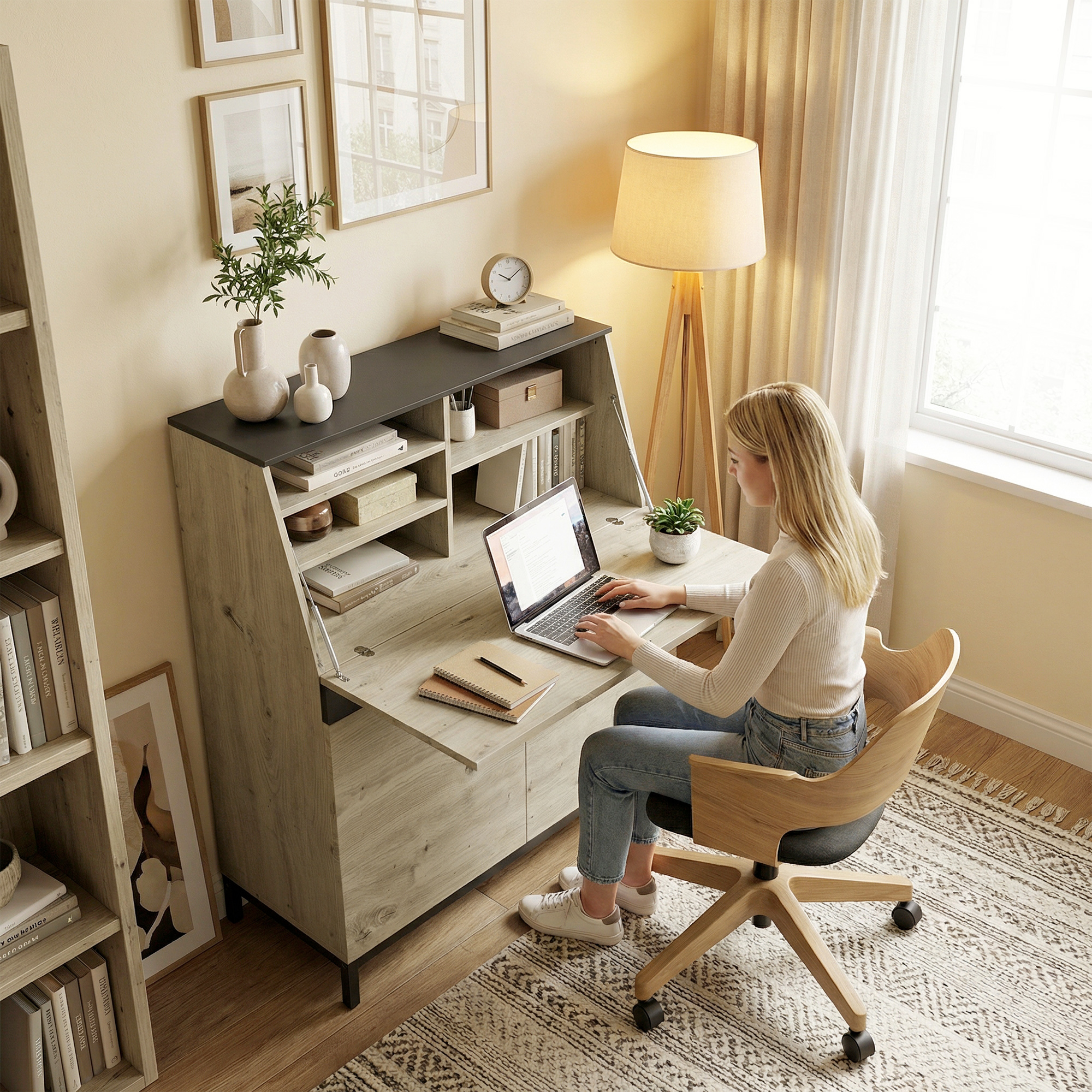 Industrieller Sekretär-Schreibtisch mit Regalen und Metallrahmen 100 cm Naturholz und Schwarz