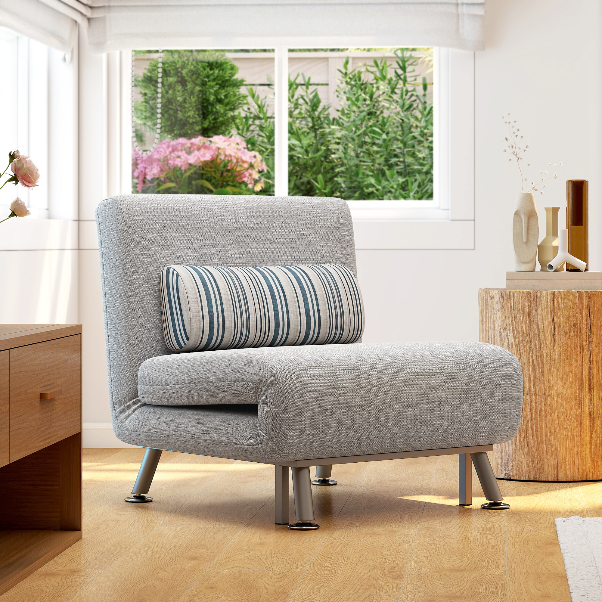 Klappsessel mit Bettfunktion, klappbarer Relaxsessel in Leinenoptik, Verstellbare Rückenlehne, 75 x 70 x 75 cm, Grau