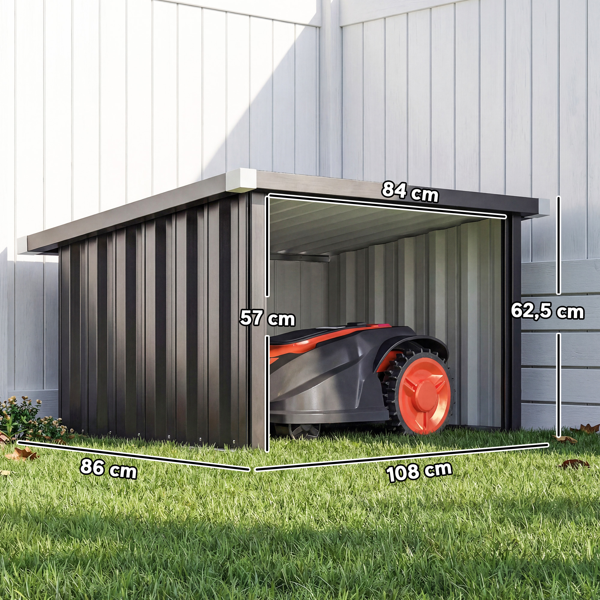 Mähroboter Garage Stahl 108 x 86 x 62,5 cm Rasenroboter Garage mit Pultdach Schutzkante Verzinkte Stahl