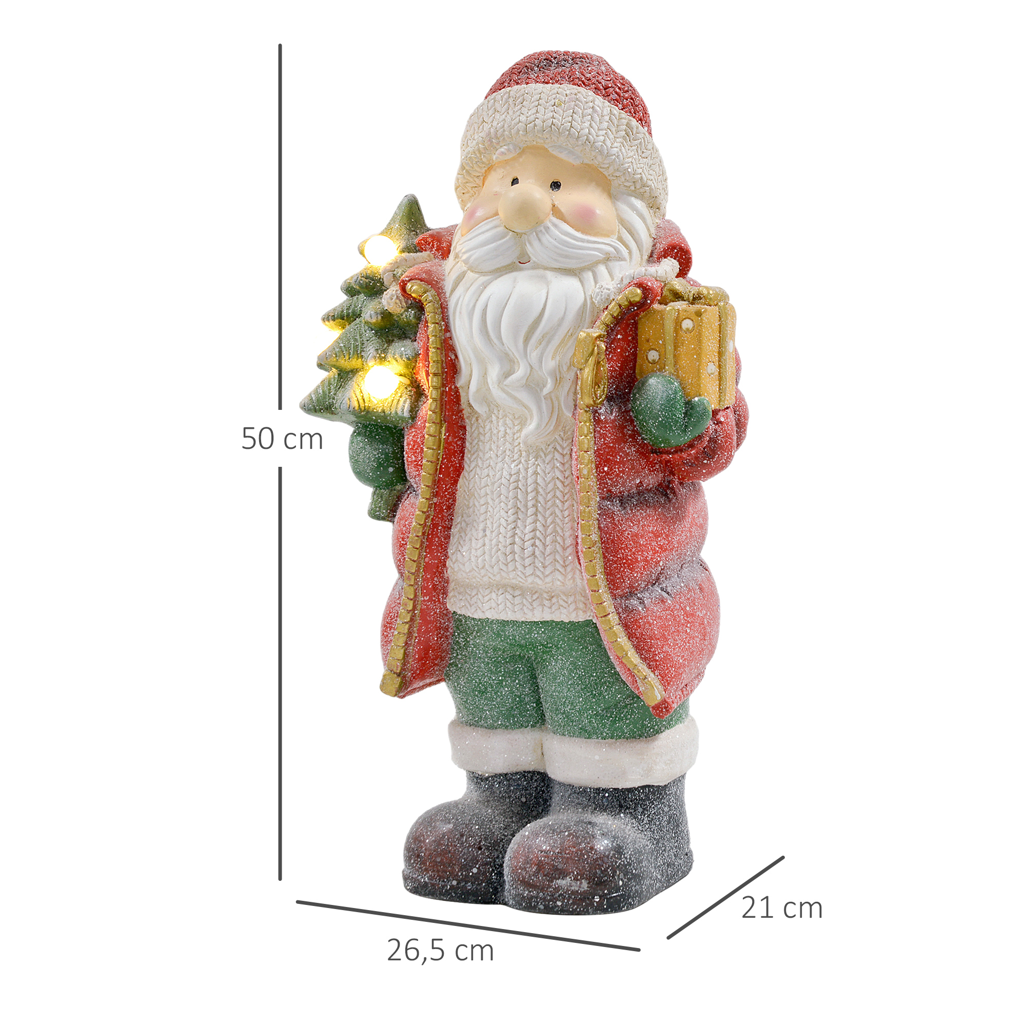Weihnachtsmannfigur mit Baum und Geschenk, 3 warmweiße LEDs, batteriebetrieben, 50 cm
