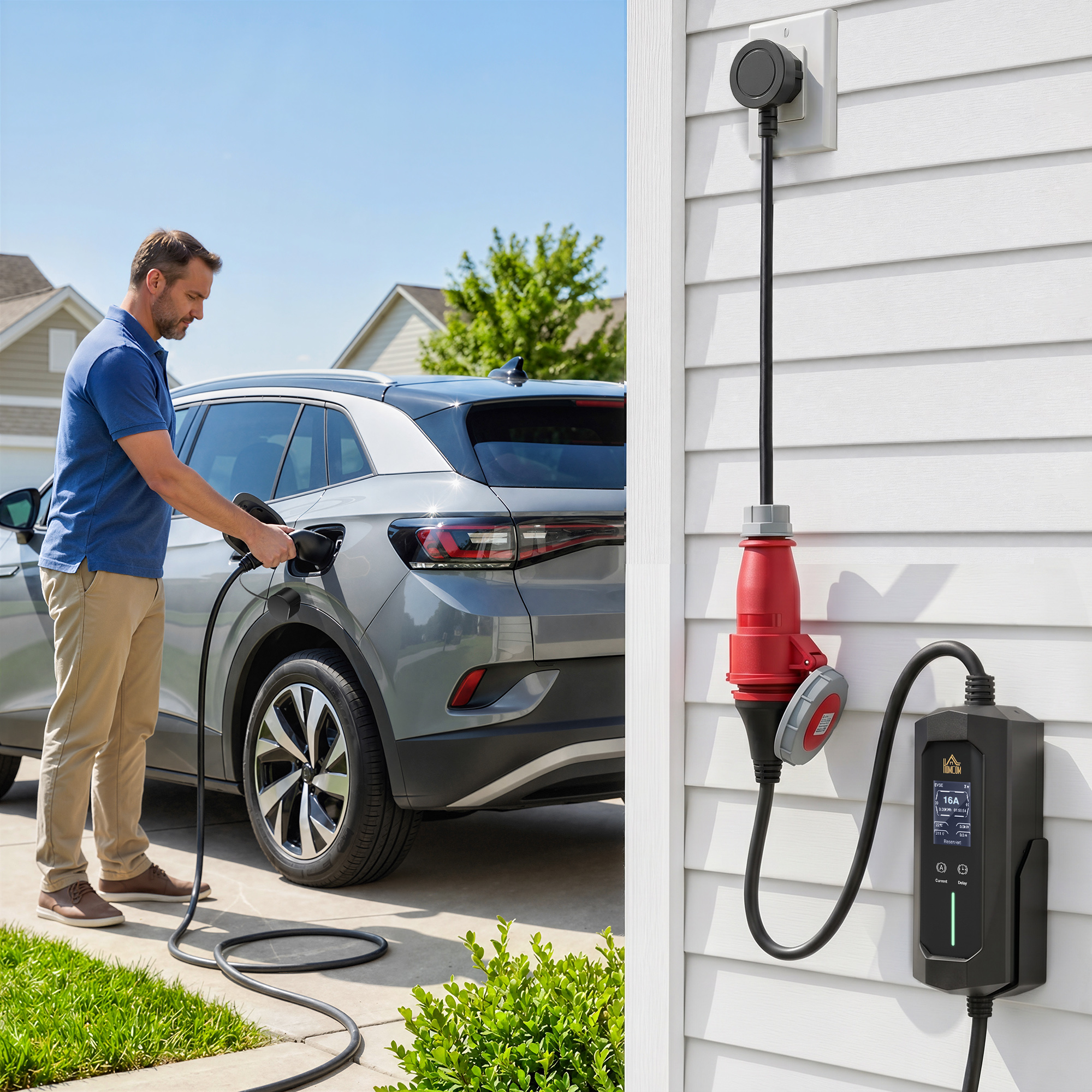 Mobile Wallbox 11kW 8m Typ 2 6–16 A 3-Phasig Ladekabel CEE 16A auf Typ 2 mit Einstellbarer Ladeleistung Startzeitvorwahl