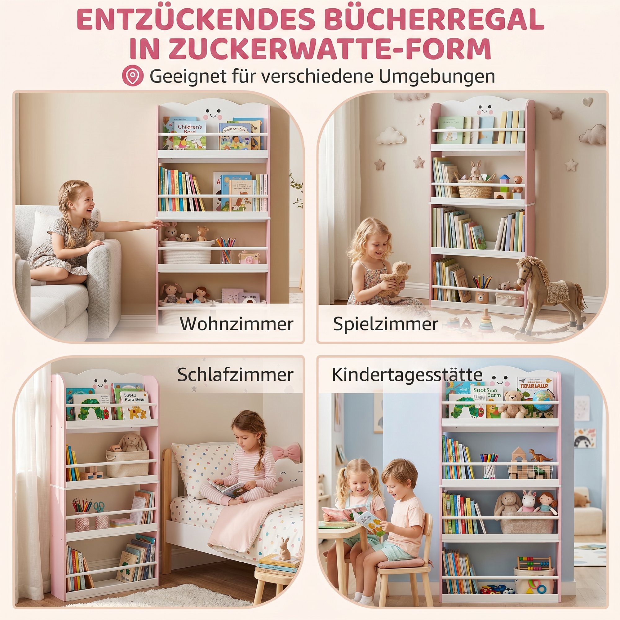 Kinderbücherregal mit 4 Etagen, Wandmontiertes Bücherregal für Kinderzimmer, Spielzimmer, Wohnzimmer, Rosa
