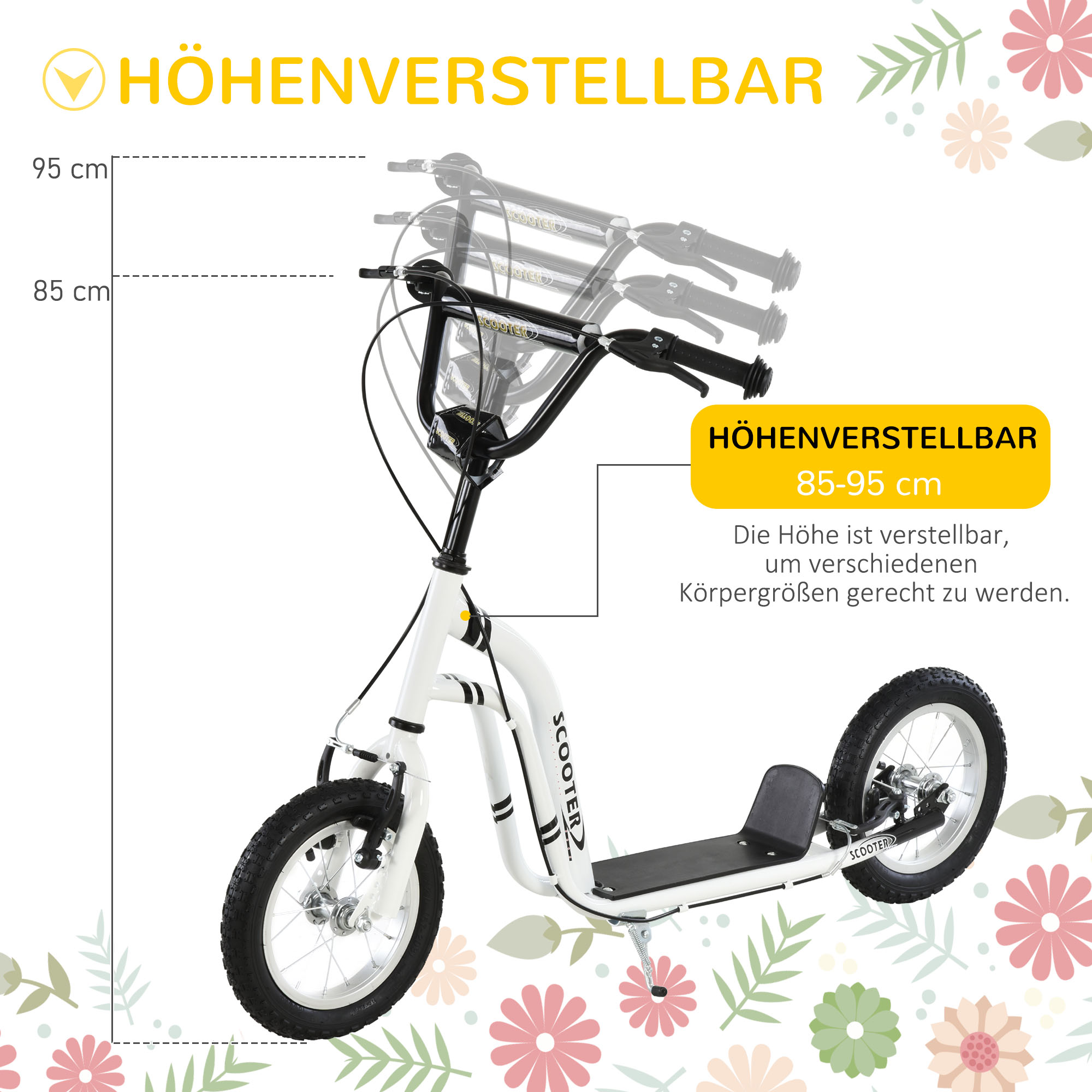 Kinderroller ab 5 Jahre Scooter Kinderscooter Tretroller Cityroller Kinder Roller Kickboard mit Luftreifen 12 Zoll Gummi Aluminium Weiß 120 x 58 x 85-95 cm