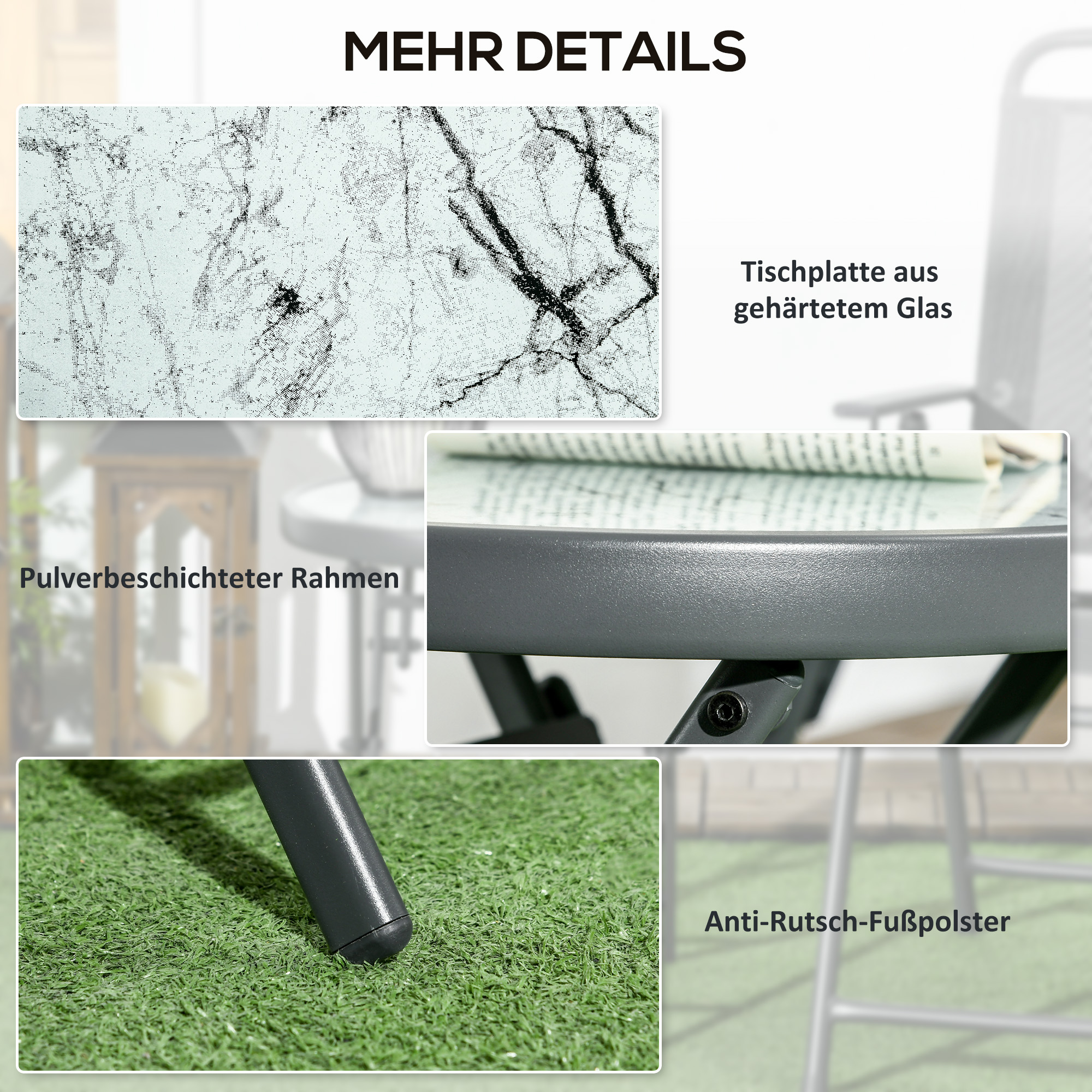 Klappbarer Beistelltisch, Outdoor-Klapptisch, mit Tischplatte aus gehärtetem Glas, für Terrasse, 45 x 45 x 50 cm, Weiß