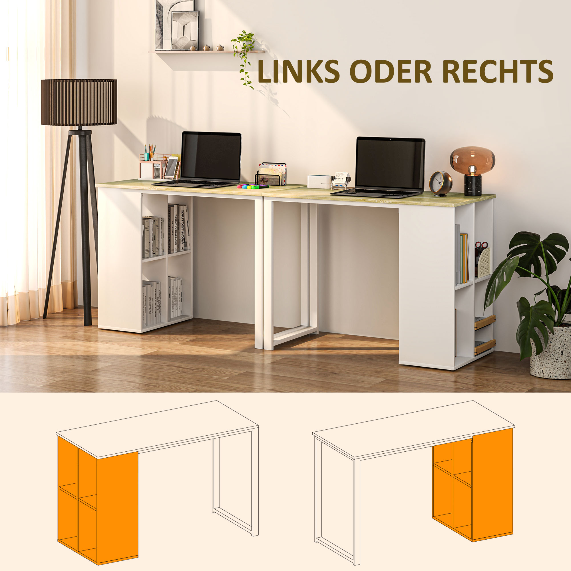 Kompakter Computertisch, Moderner Schreibtisch mit Stauraum-Fächern, für kleine Räume, 100 x 54 x 75 cm, Weiß