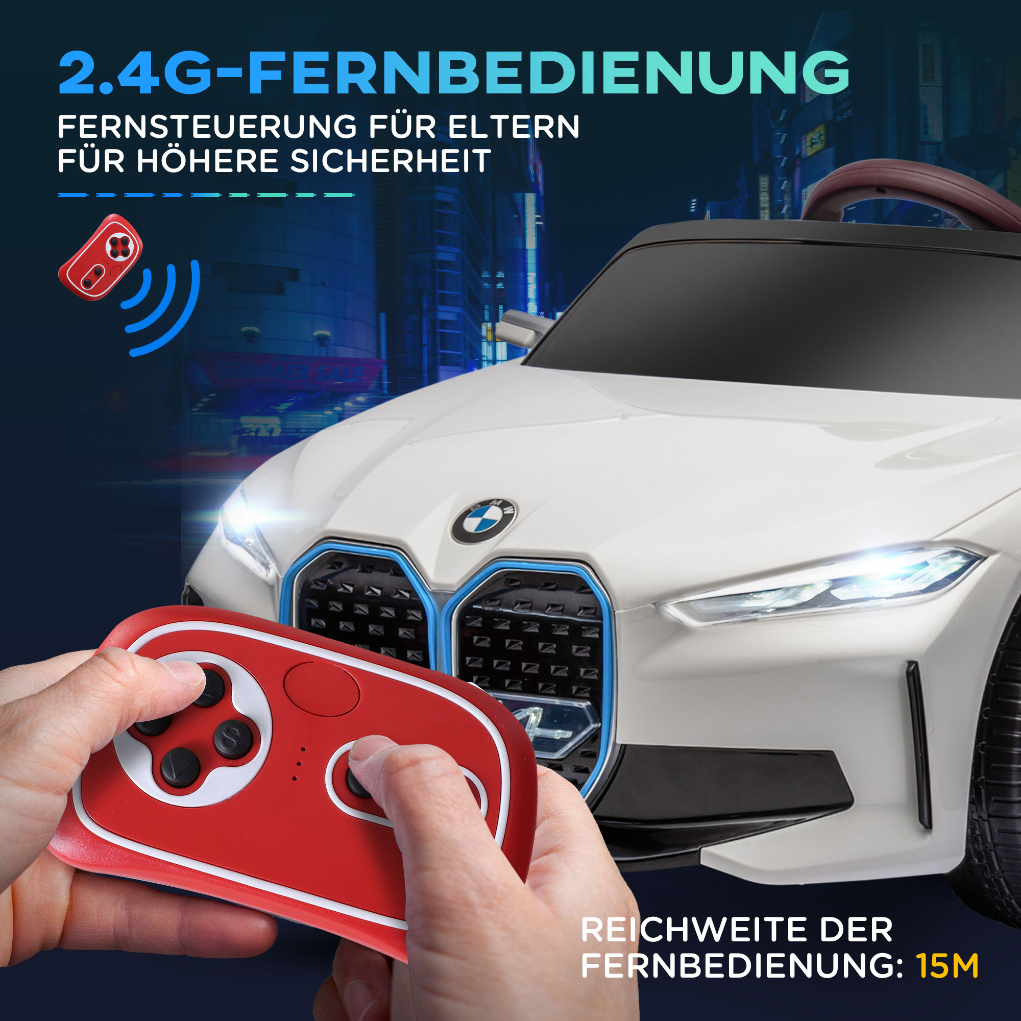 Kinderauto, aufladbarer Akku, 3-5 km/h, mit Fernbedienung, Multimedia-Player, weiß
