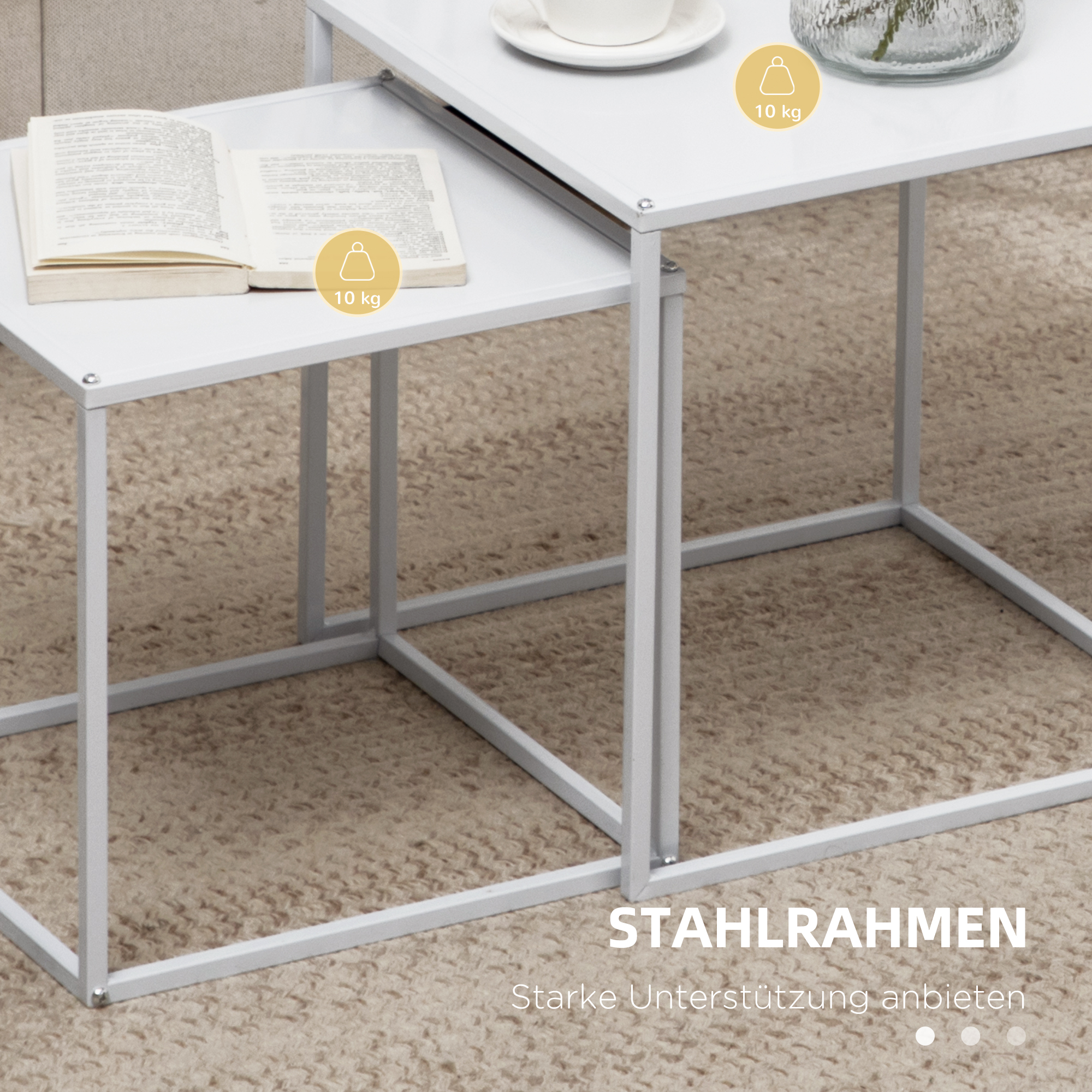 Beistelltisch-Set, moderne Satztische, platzsparend, stabiler Stahlrahmen, Weiß
